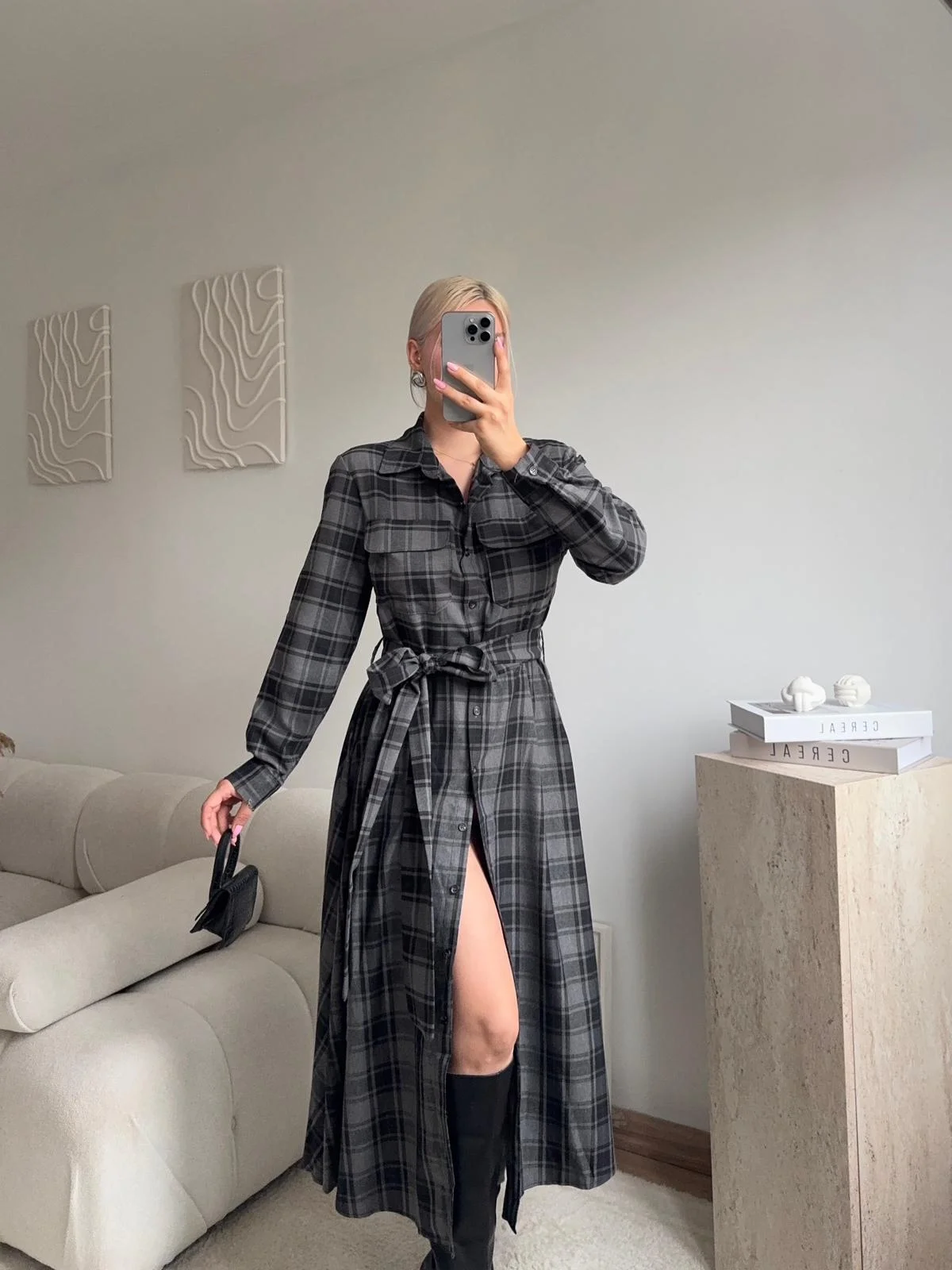 Ekose Kuşaklı Gömlek Elbise - GRİ