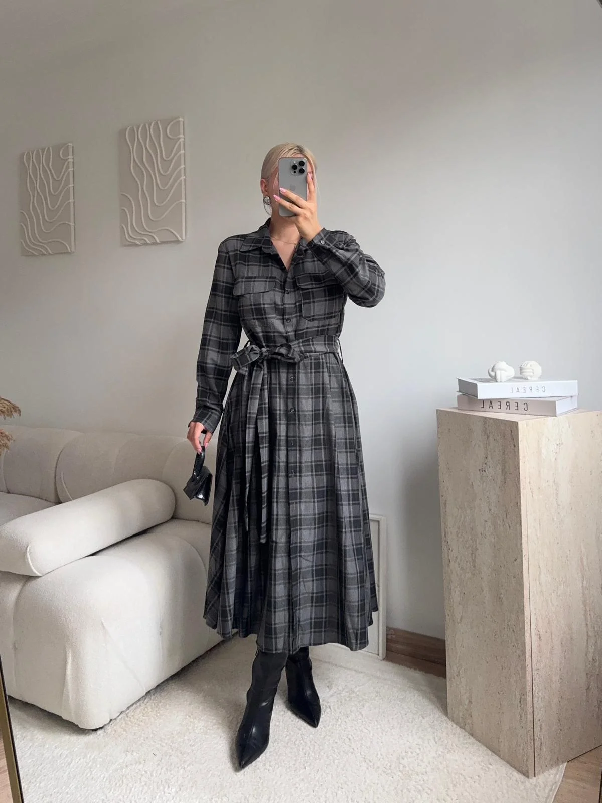 Ekose Kuşaklı Gömlek Elbise - GRİ