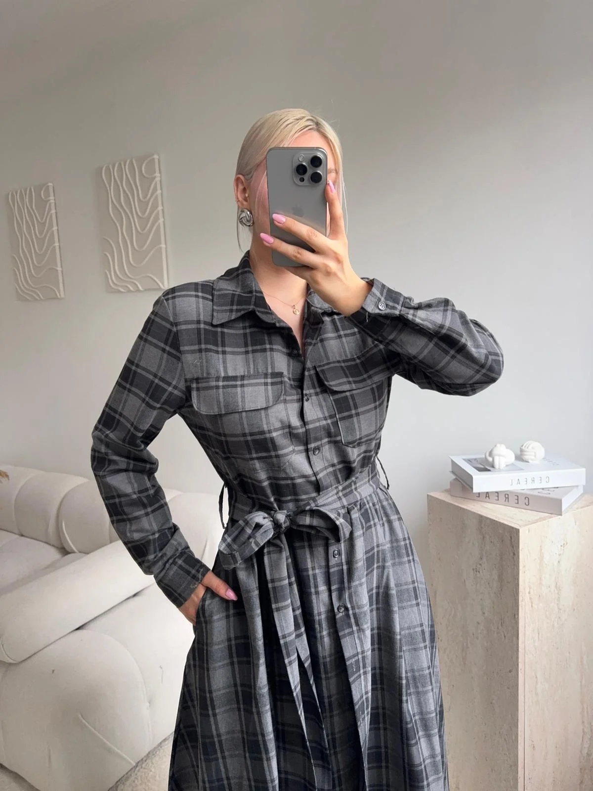 Ekose Kuşaklı Gömlek Elbise - GRİ