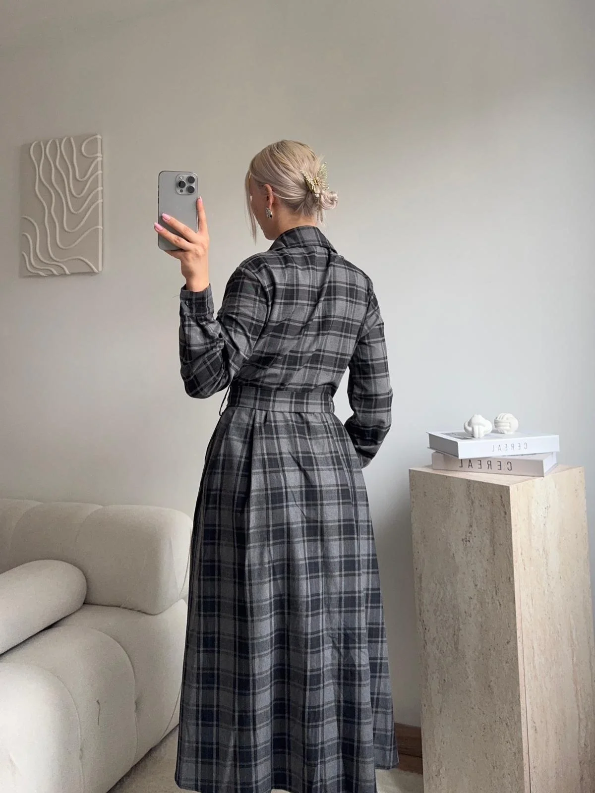 Ekose Kuşaklı Gömlek Elbise - GRİ