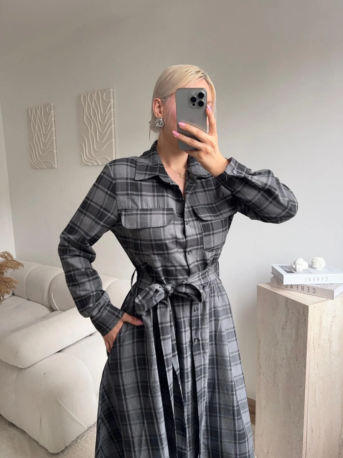 Ekose Kuşaklı Gömlek Elbise - GRİ