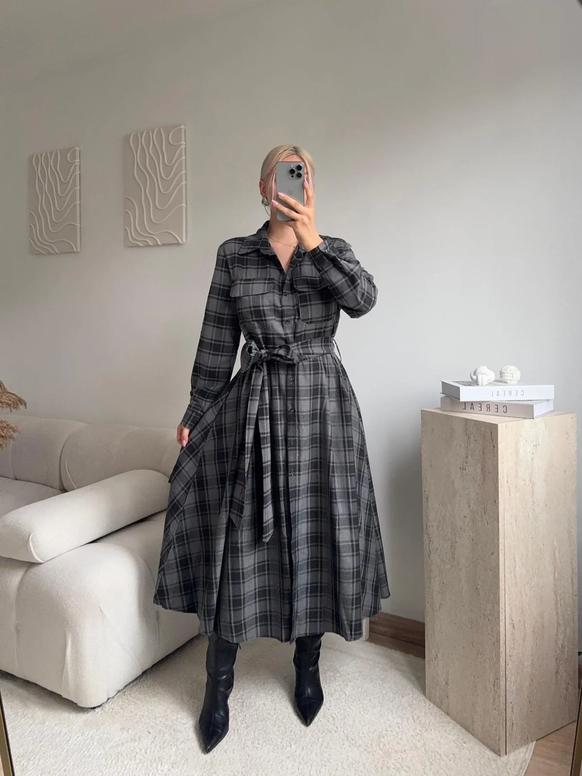 Ekose Kuşaklı Gömlek Elbise - GRİ