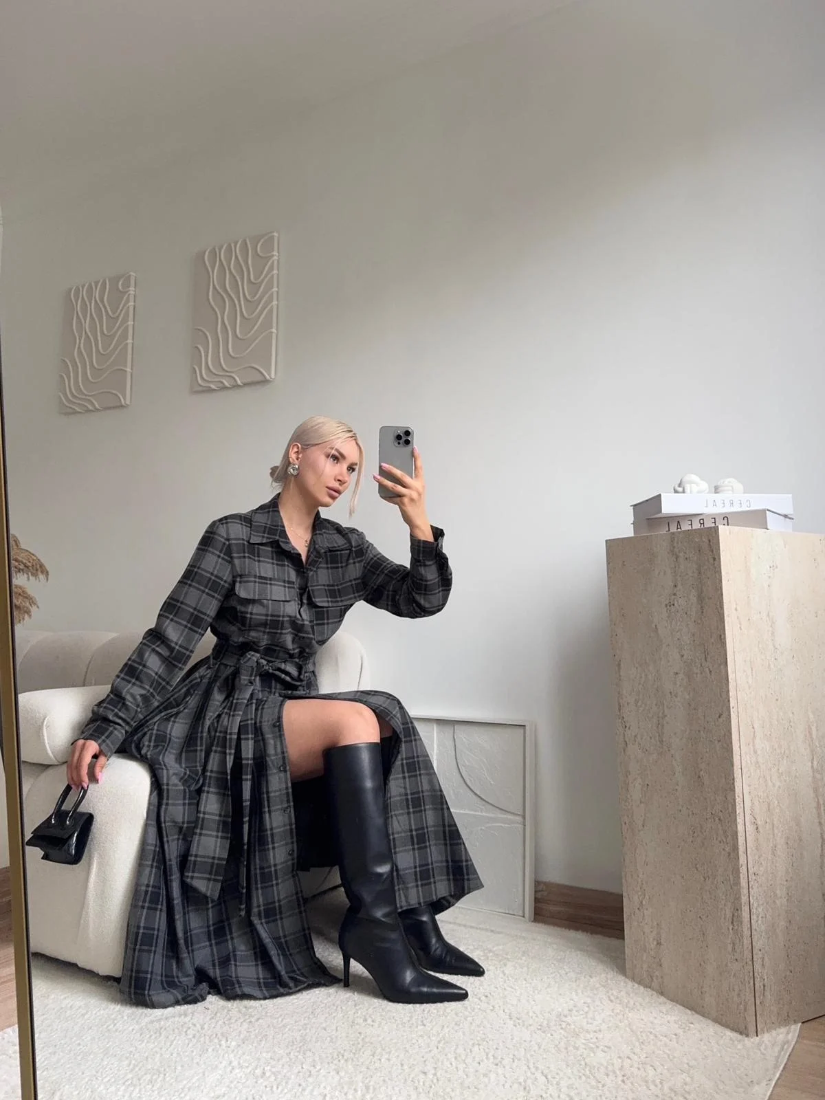 Ekose Kuşaklı Gömlek Elbise - GRİ