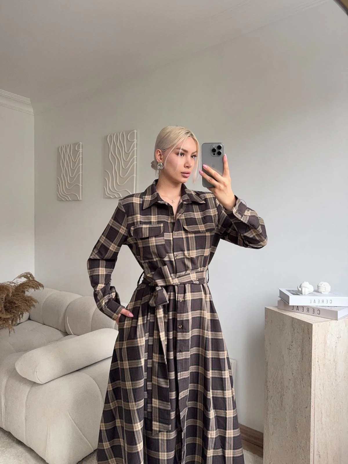 Ekose Kuşaklı Gömlek Elbise - KAHVE