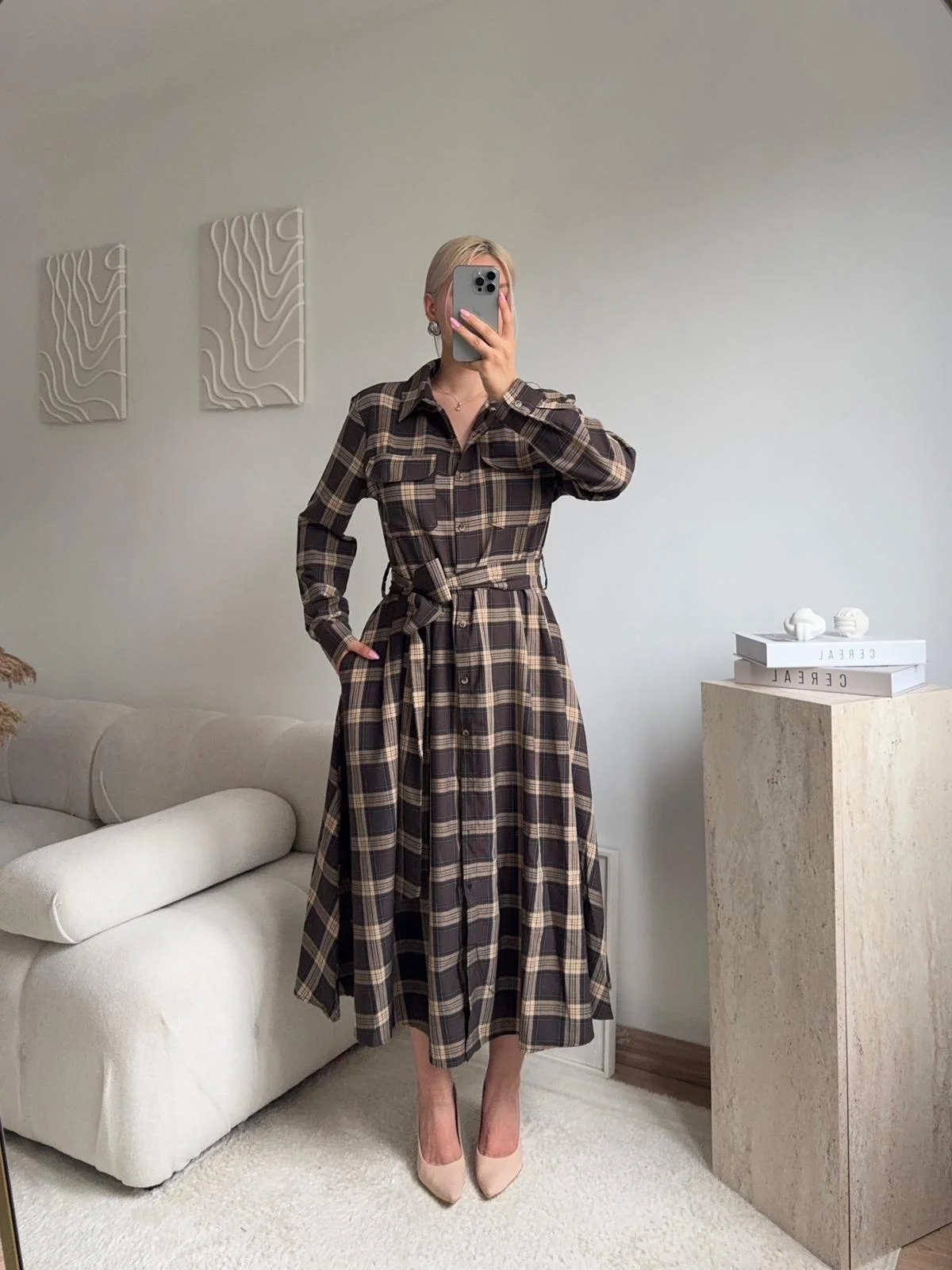 Ekose Kuşaklı Gömlek Elbise - KAHVE