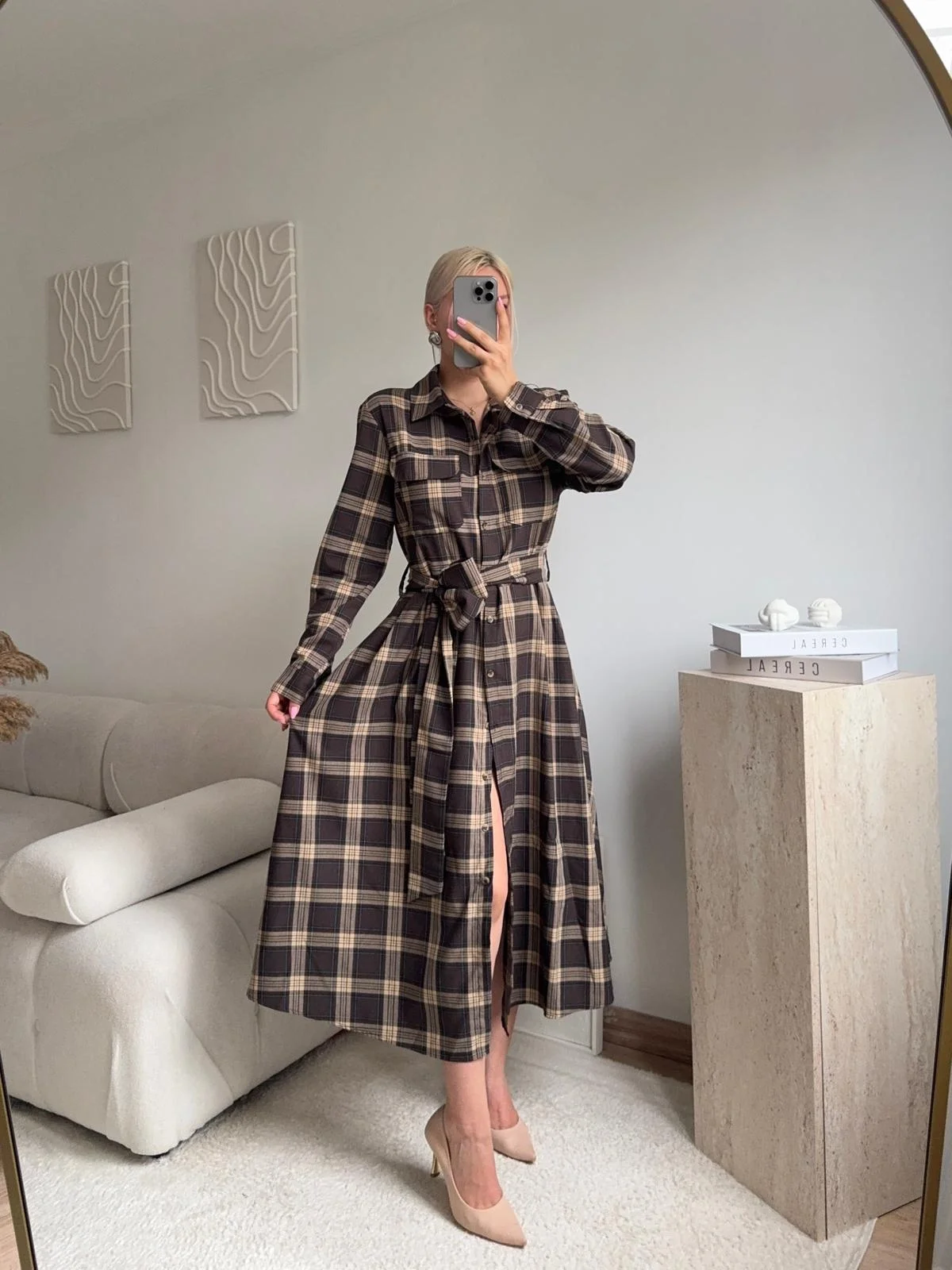 Ekose Kuşaklı Gömlek Elbise - KAHVE