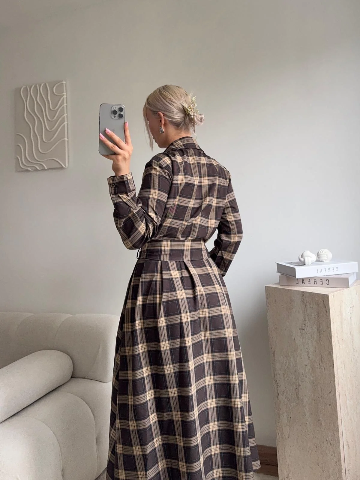 Ekose Kuşaklı Gömlek Elbise - KAHVE