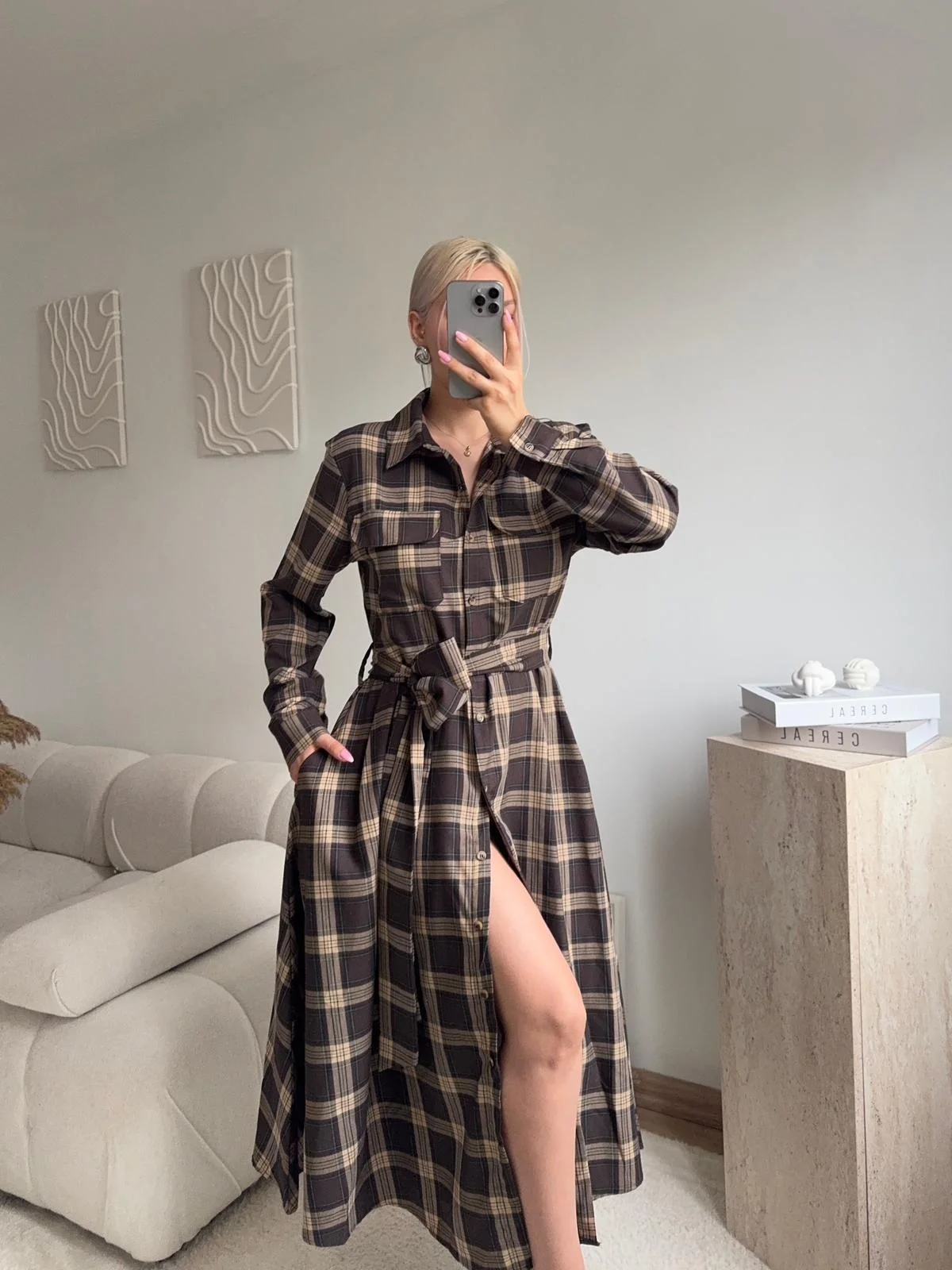 Ekose Kuşaklı Gömlek Elbise - KAHVE