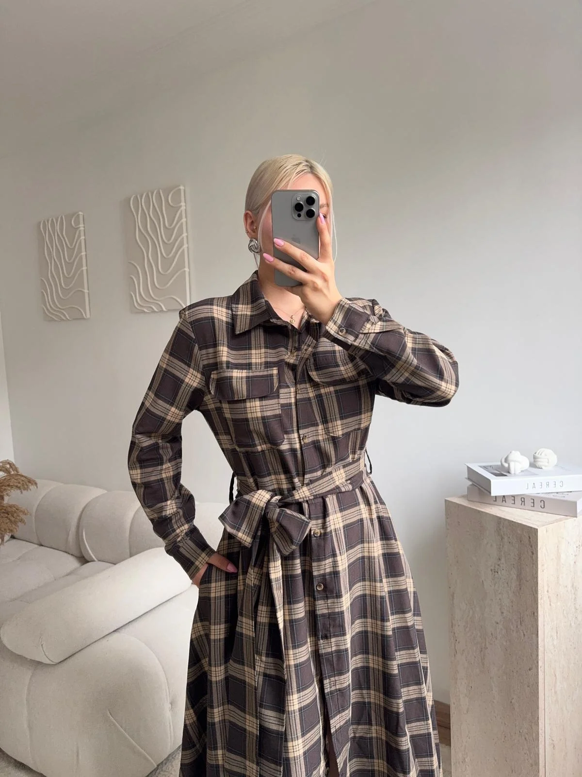 Ekose Kuşaklı Gömlek Elbise - KAHVE