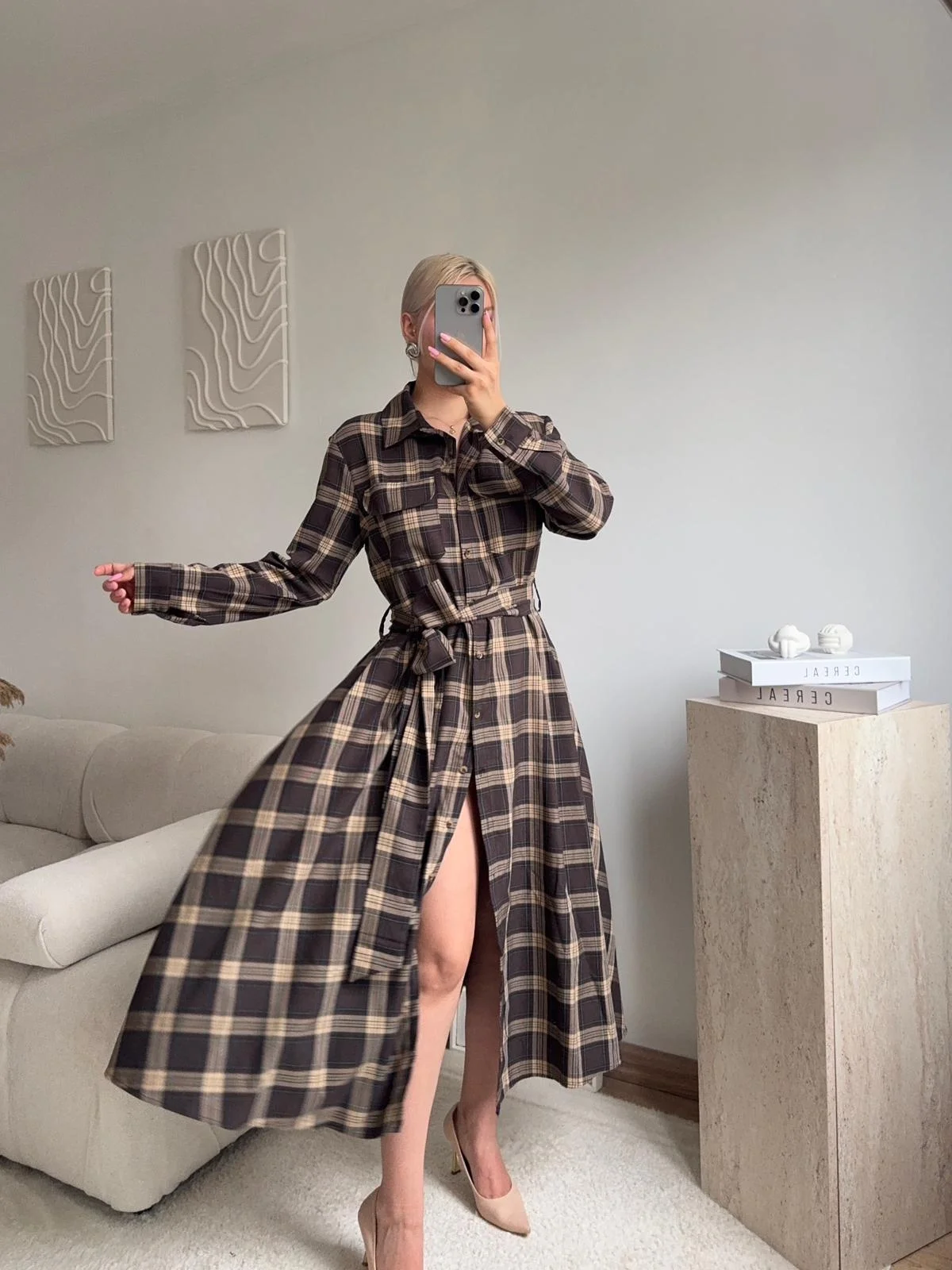 Ekose Kuşaklı Gömlek Elbise - KAHVE