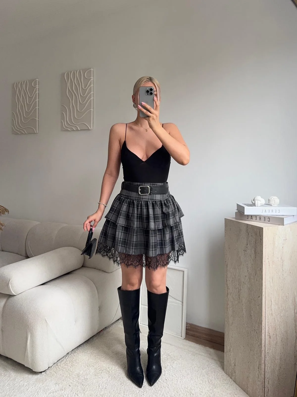 Ekose Dantel Detay Etek - FÜME