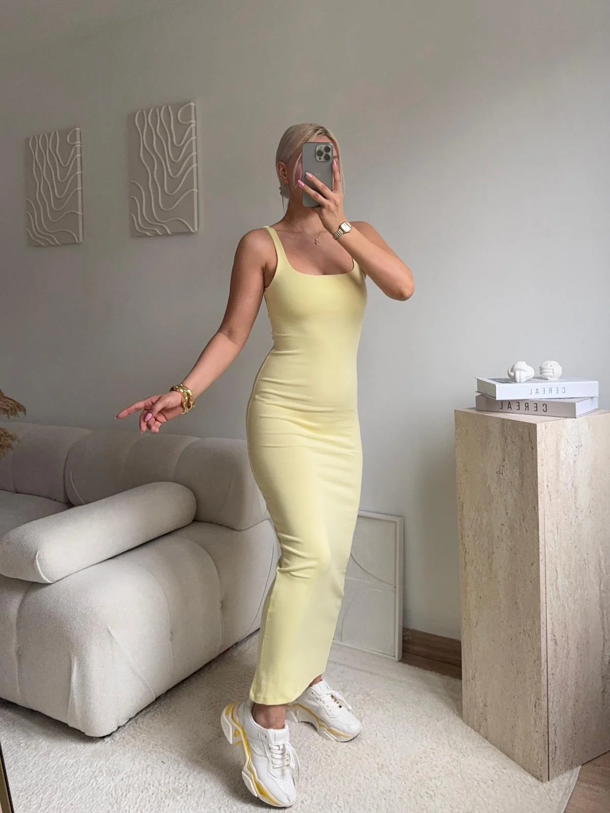 Askılı Kare Yaka Vücuda Oturan Midi Elbise - SARI