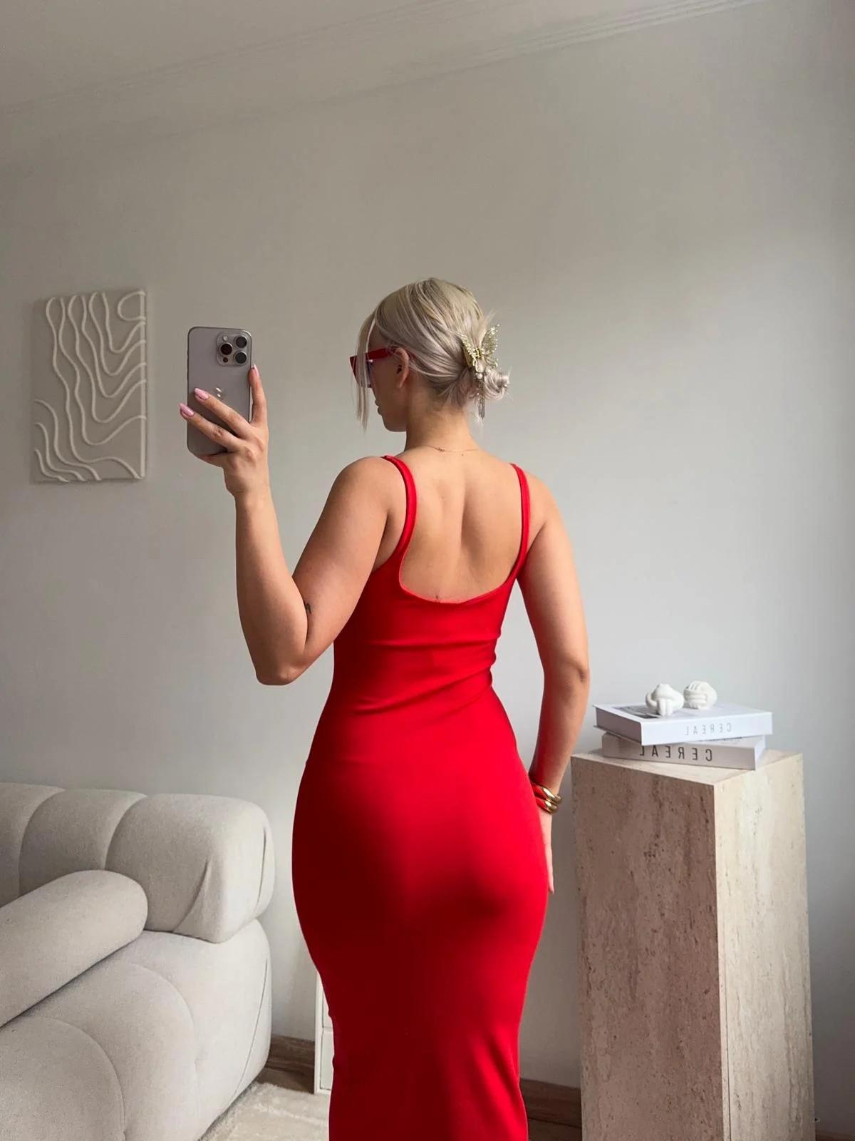 Askılı Kare Yaka Vücuda Oturan Midi Elbise - KIRMIZI