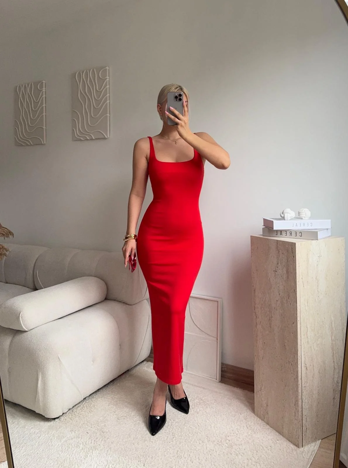 Askılı Kare Yaka Vücuda Oturan Midi Elbise - KIRMIZI