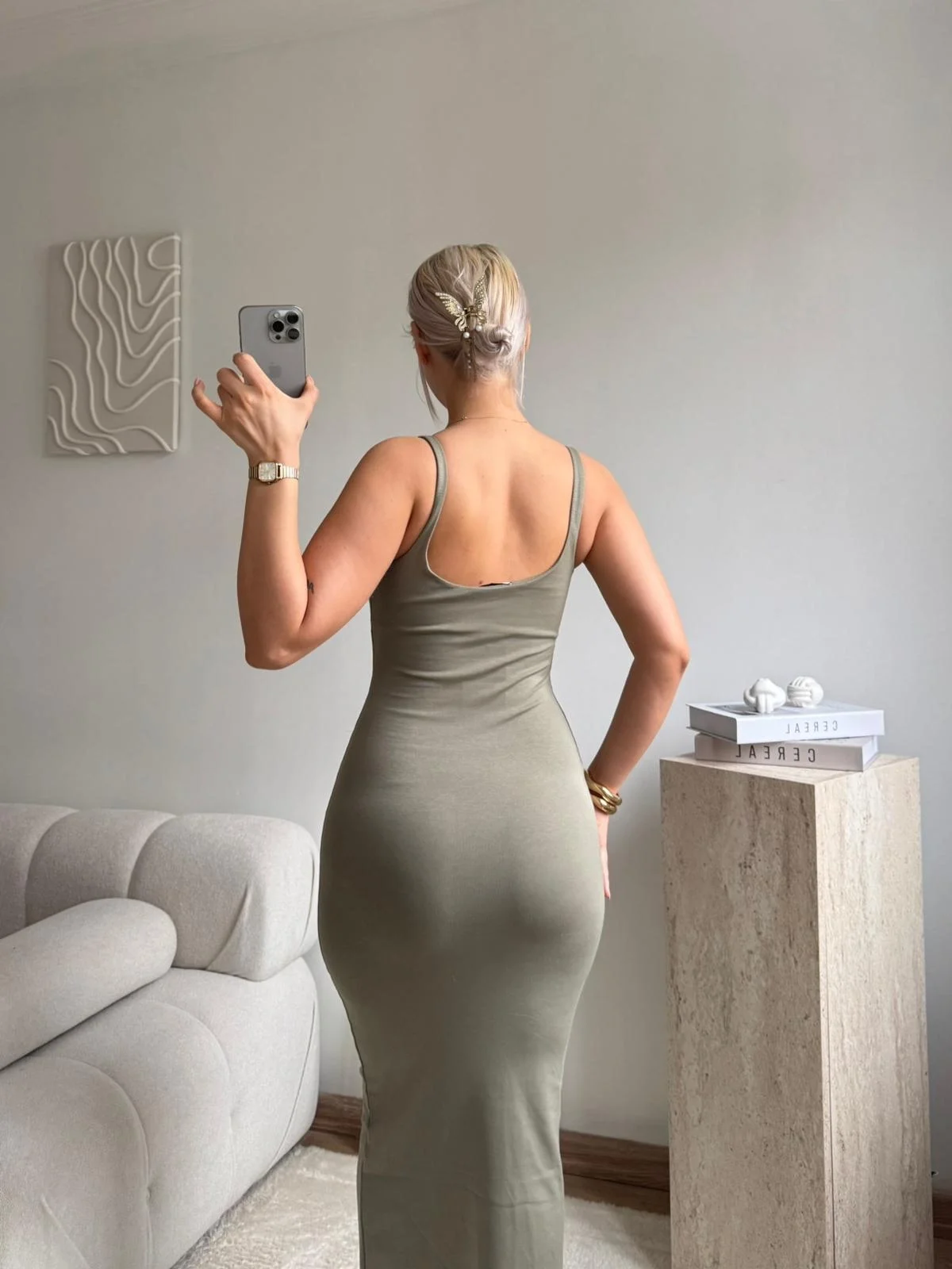 Askılı Kare Yaka Vücuda Oturan Midi Elbise - YEŞİL