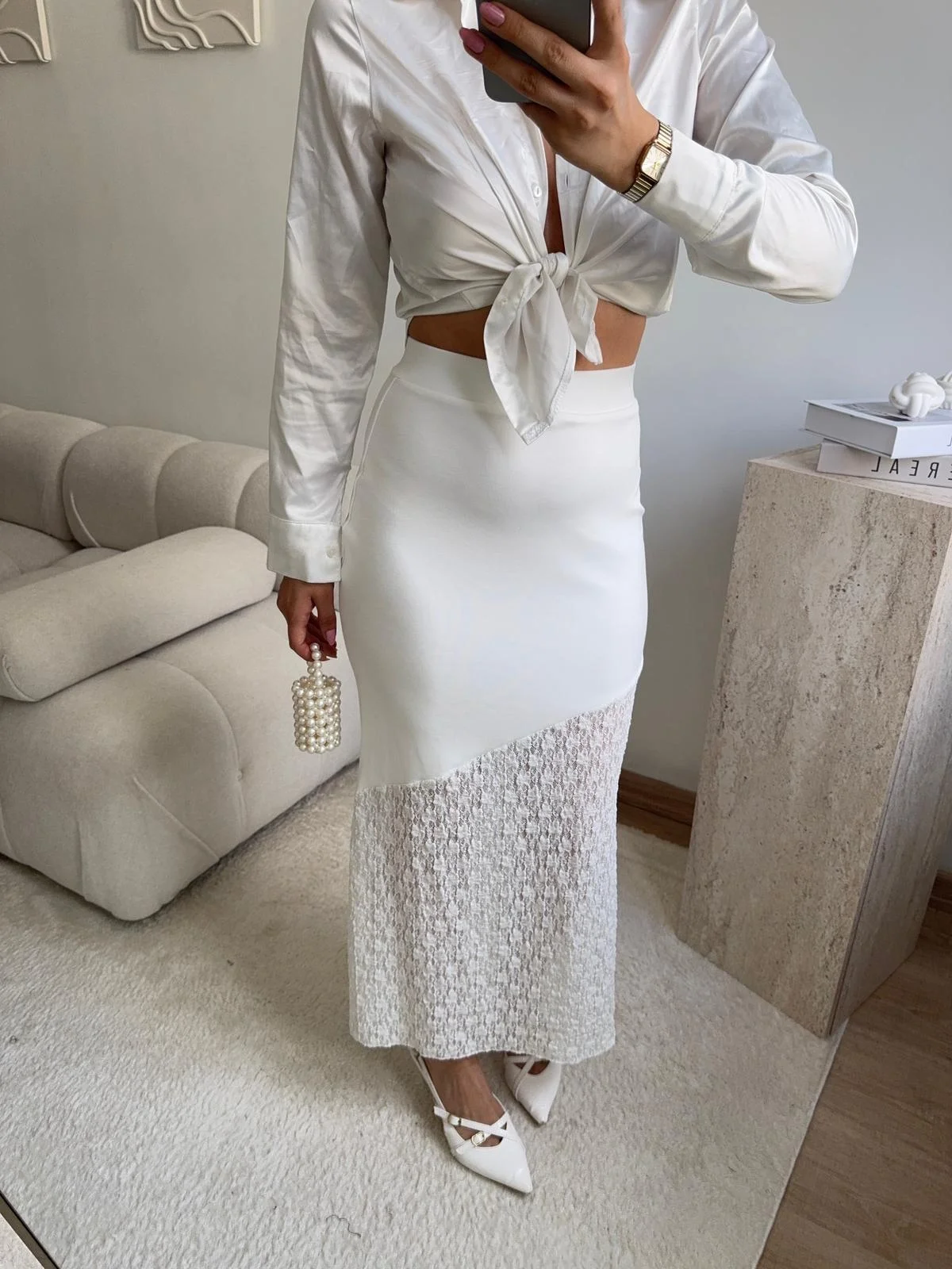 Yüksek Bel Asimetrik Dantel Detaylı Midi Etek - BEYAZ
