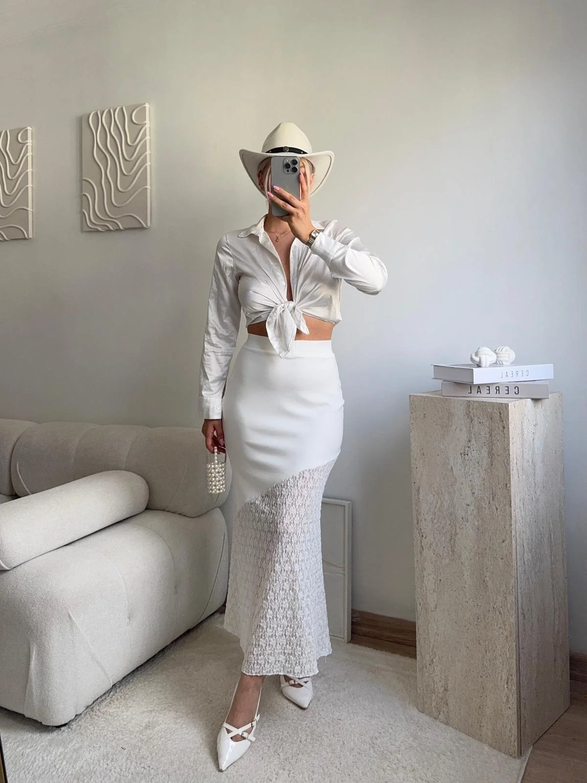 Yüksek Bel Asimetrik Dantel Detaylı Midi Etek - BEYAZ