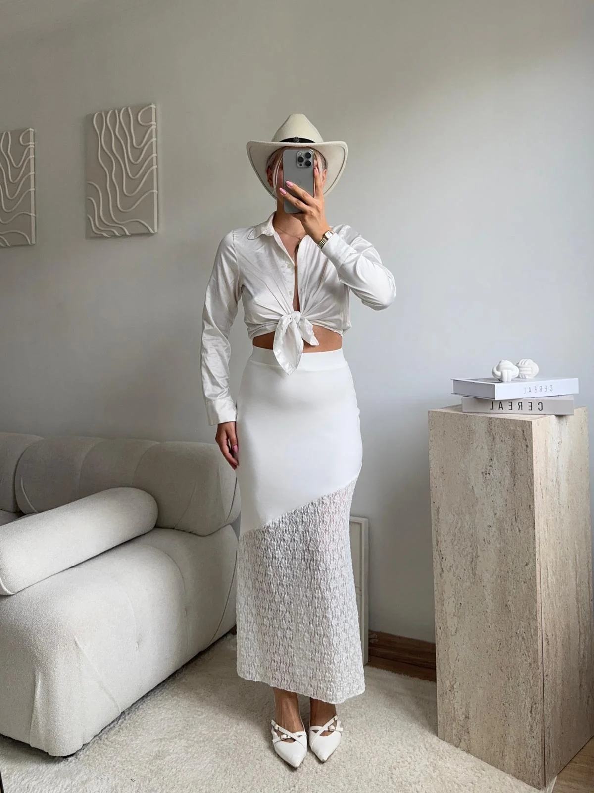 Yüksek Bel Asimetrik Dantel Detaylı Midi Etek - BEYAZ