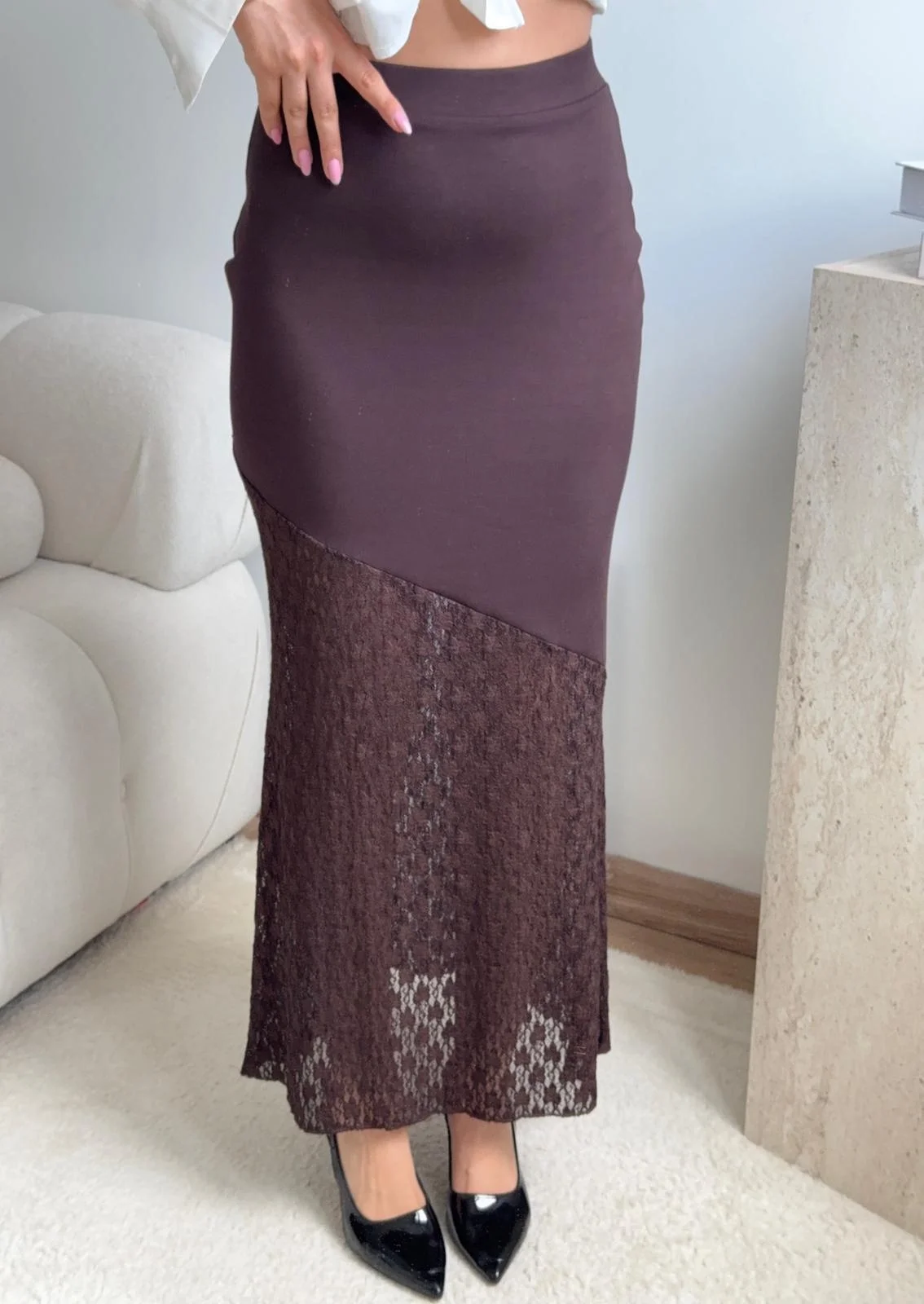 Yüksek Bel Asimetrik Dantel Detaylı Midi Etek - KAHVE