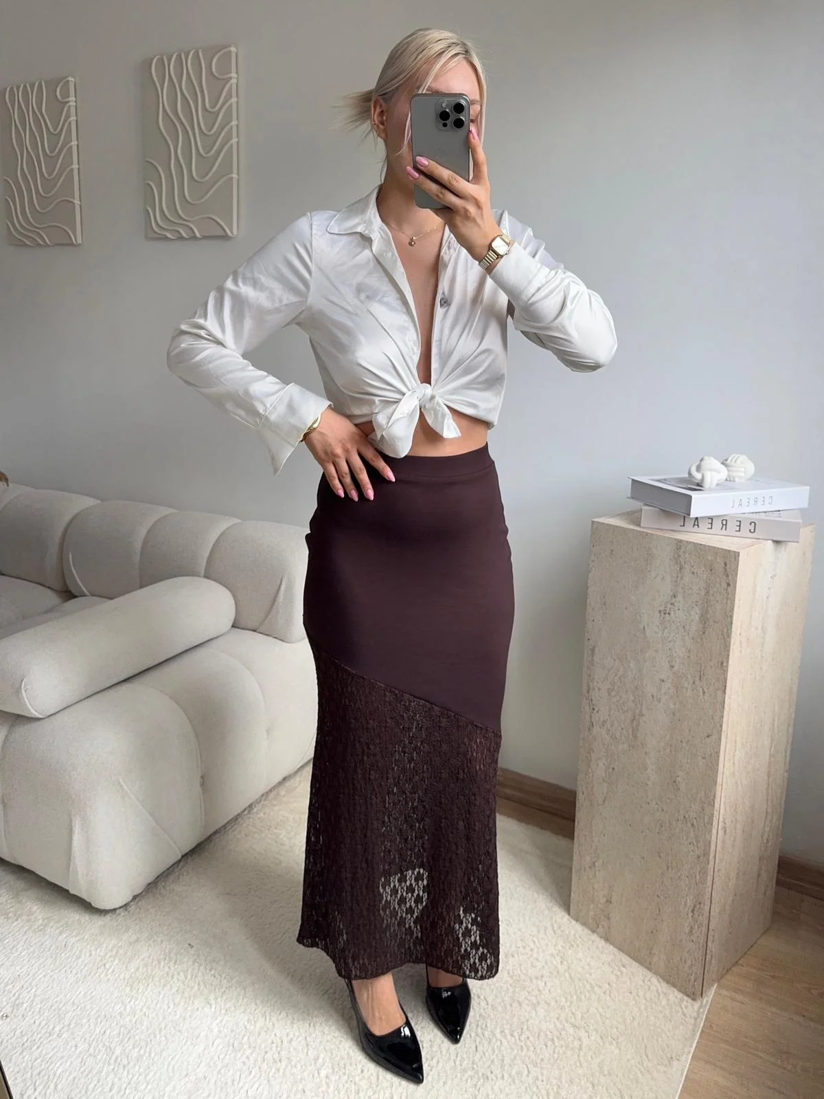 Yüksek Bel Asimetrik Dantel Detaylı Midi Etek - KAHVE