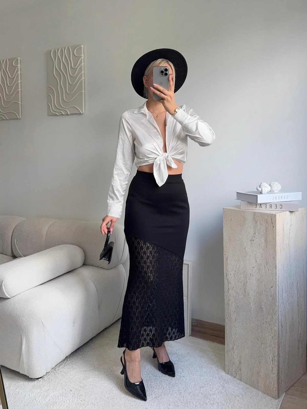 Yüksek Bel Asimetrik Dantel Detaylı Midi Etek -SİYAH