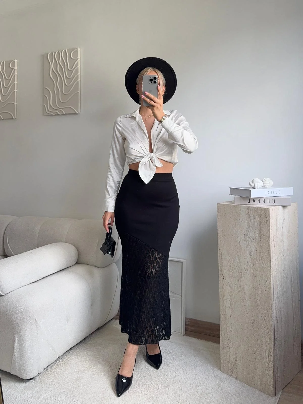 Yüksek Bel Asimetrik Dantel Detaylı Midi Etek -SİYAH