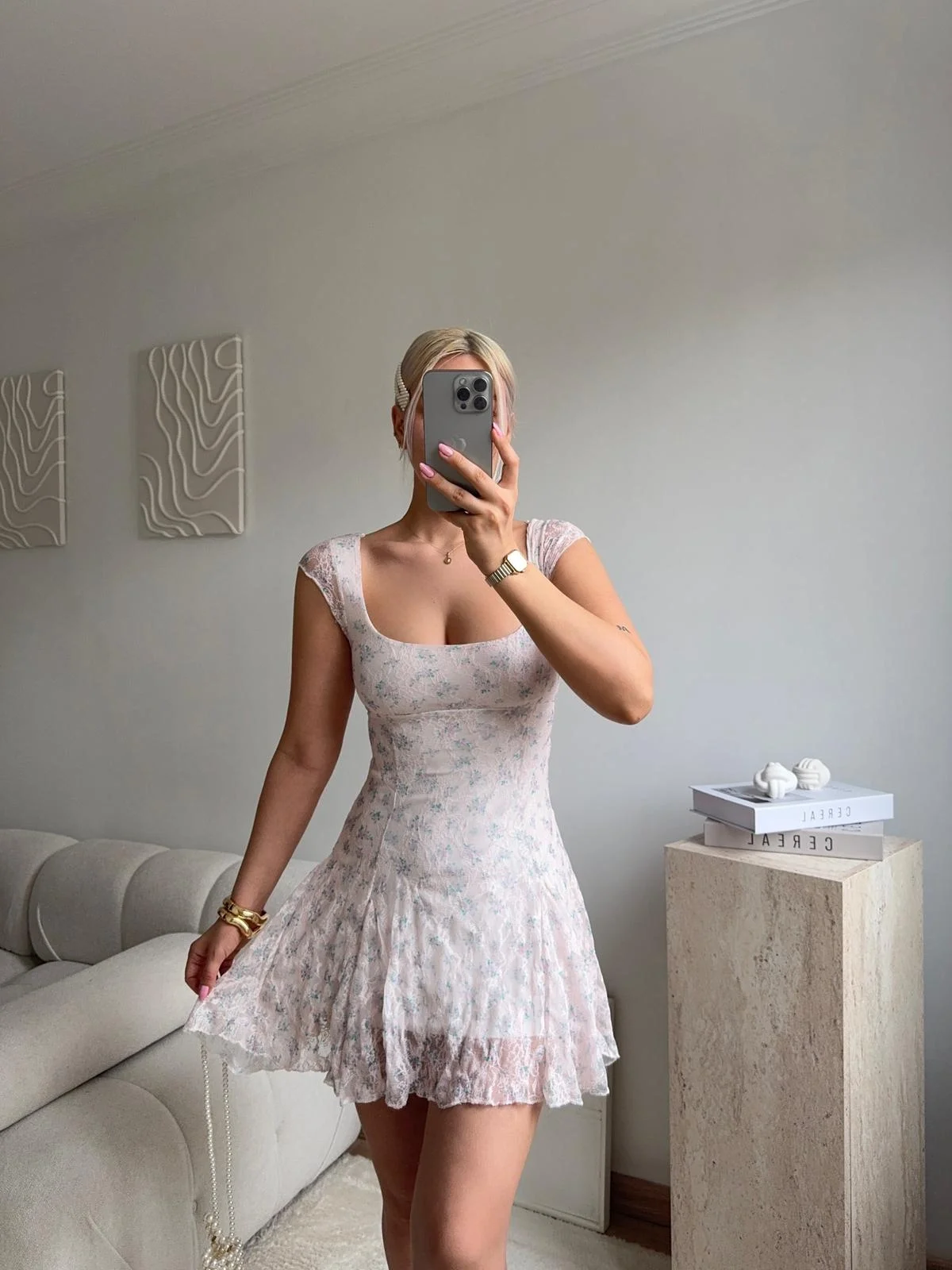 Sırt Dekolteli Bağlamalı Dantel Mini Elbise - BEYAZ