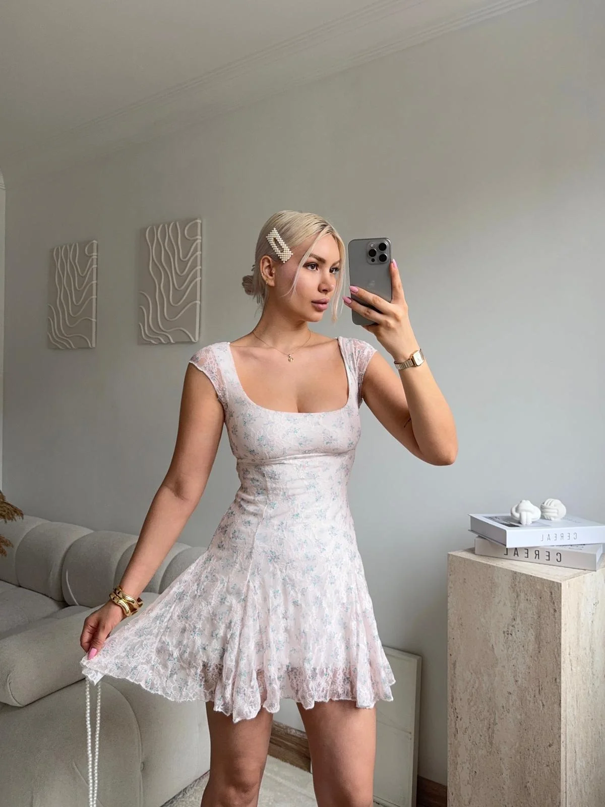 Sırt Dekolteli Bağlamalı Dantel Mini Elbise - BEYAZ