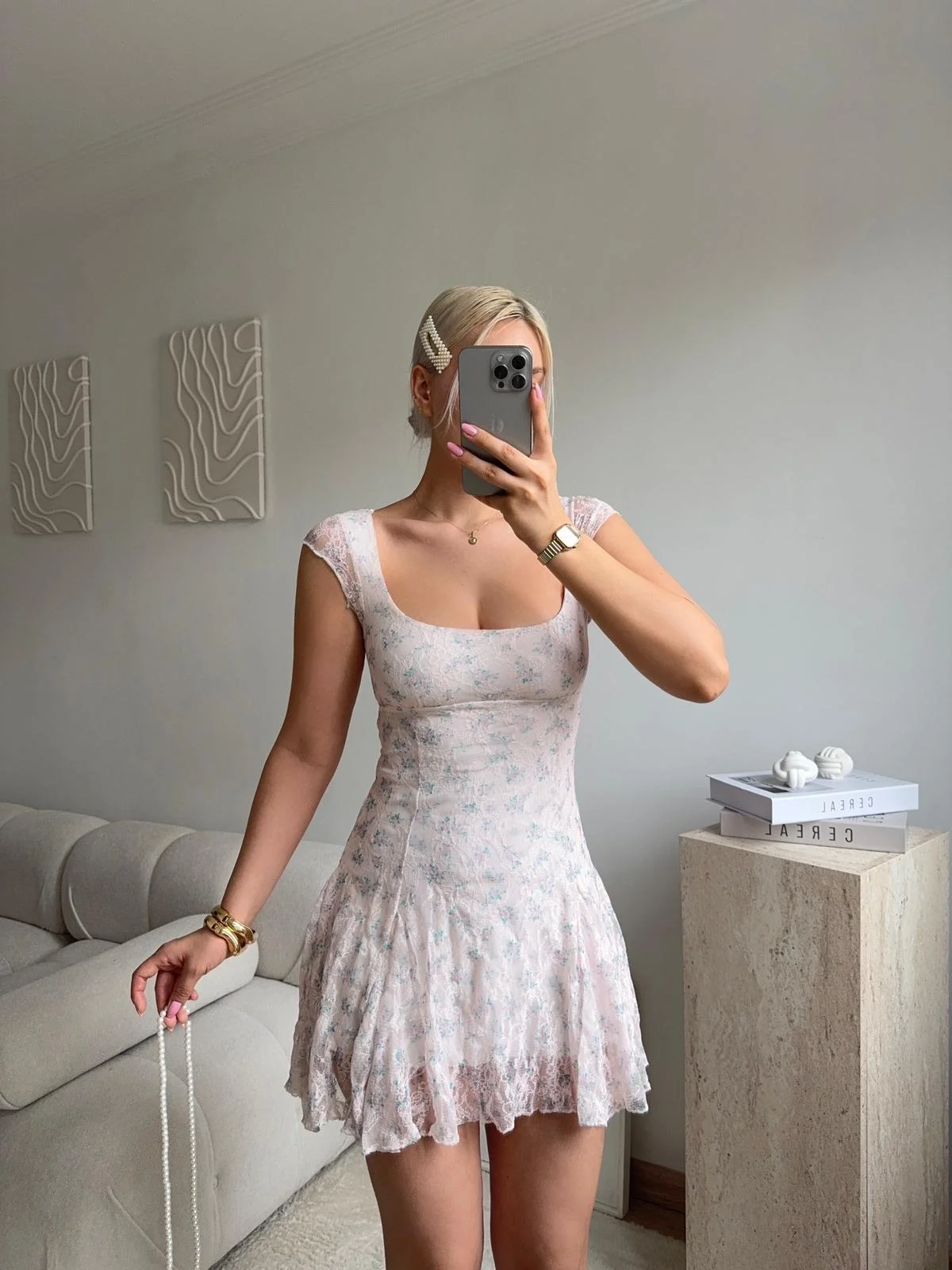 Sırt Dekolteli Bağlamalı Dantel Mini Elbise - BEYAZ