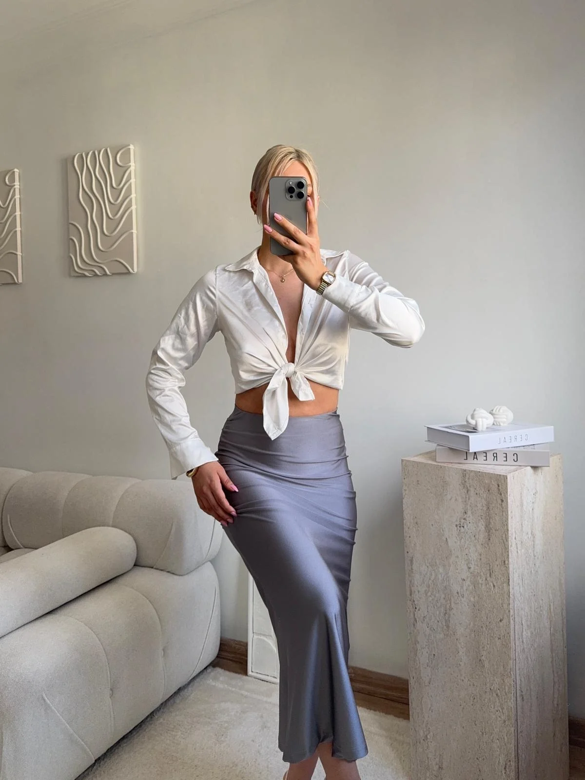 Yüksek Bel Saten Midi Etek - GRİ