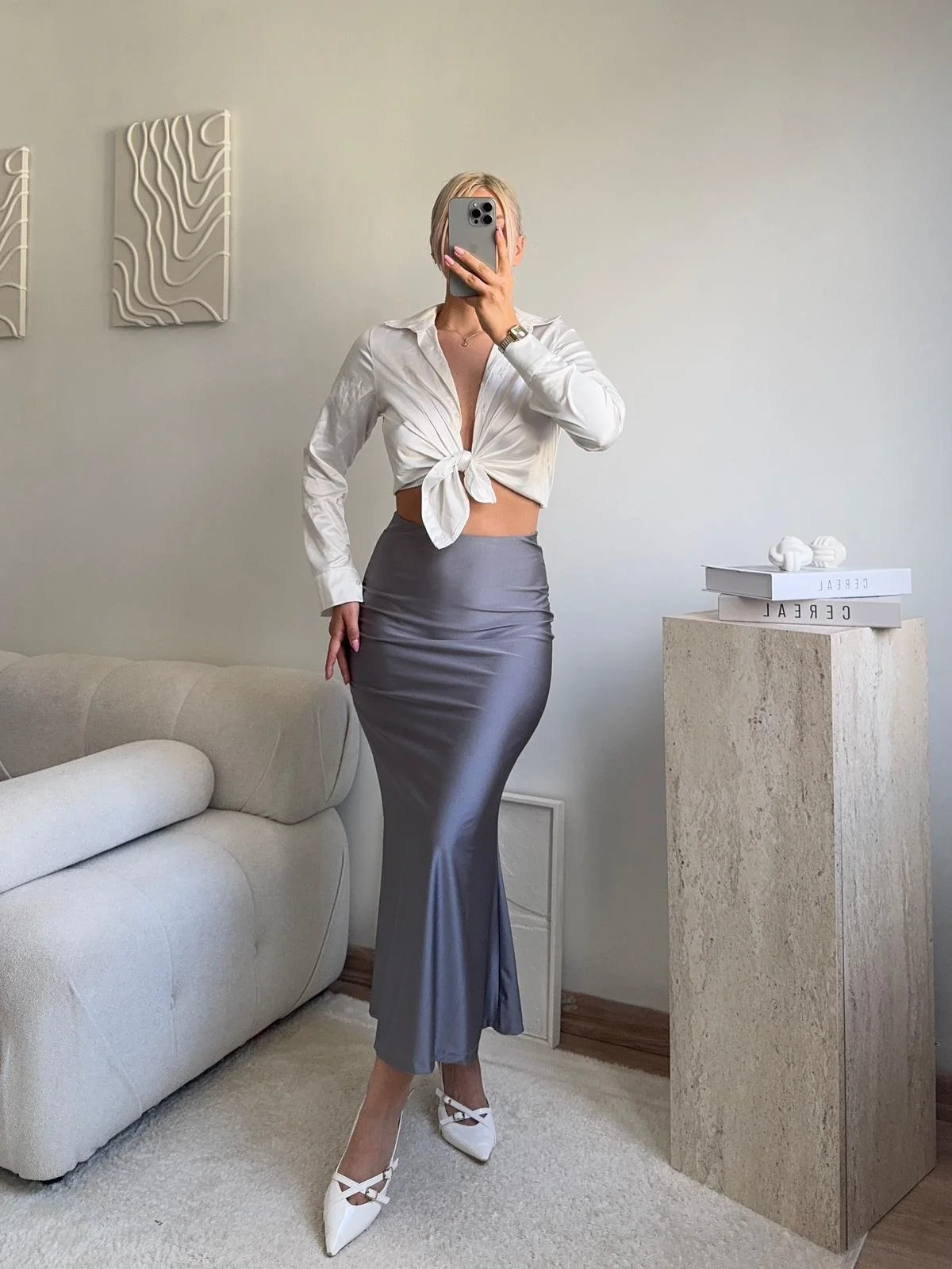 Yüksek Bel Saten Midi Etek - GRİ