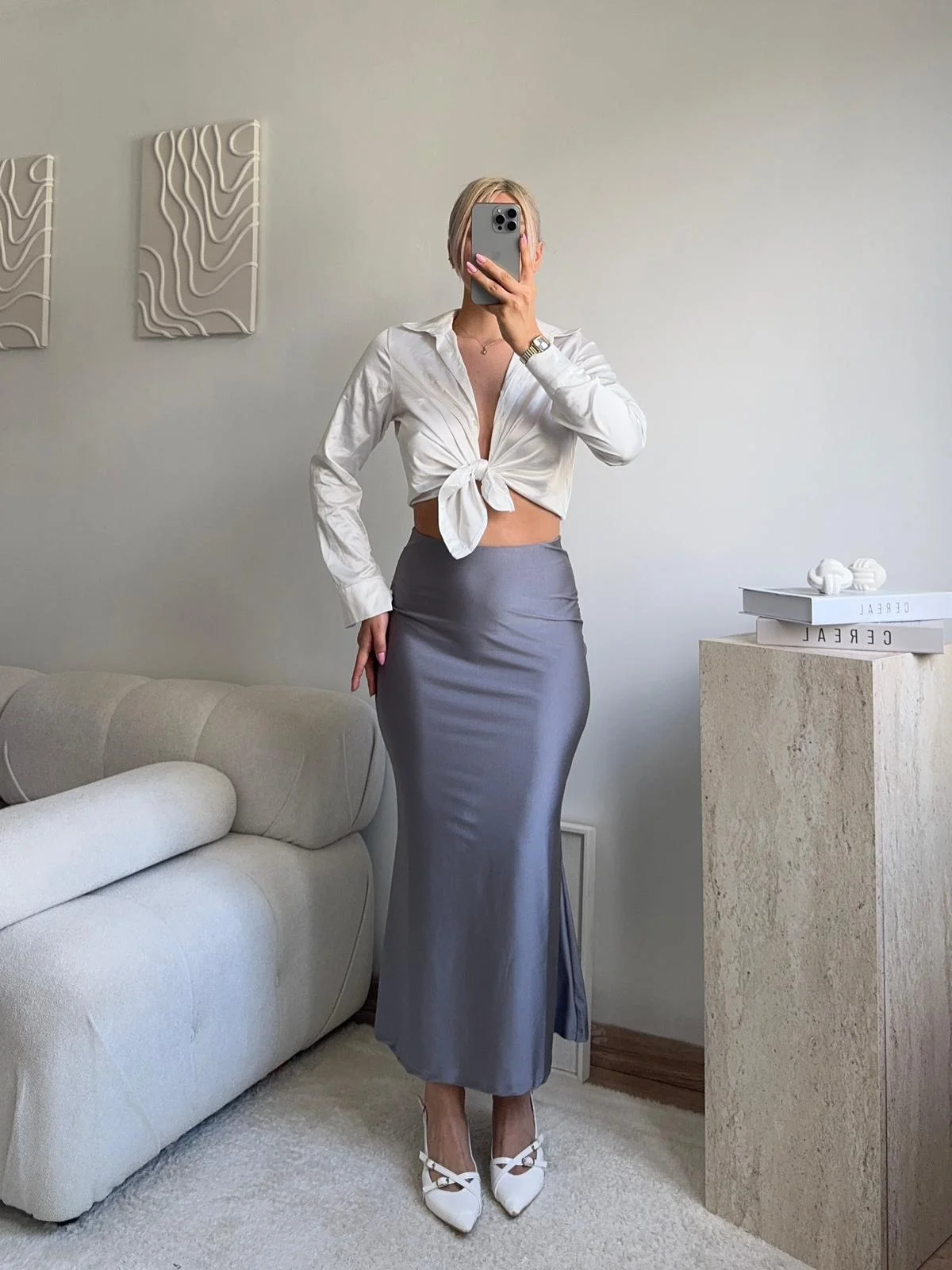 Yüksek Bel Saten Midi Etek - GRİ