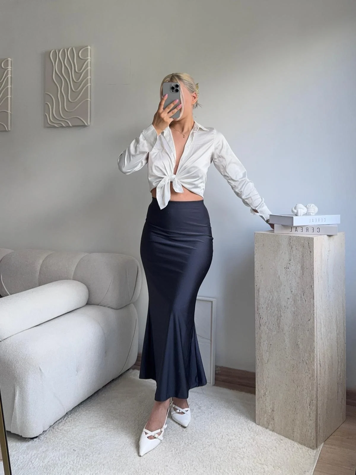 Yüksek Bel Saten Midi Etek- LACİVERT