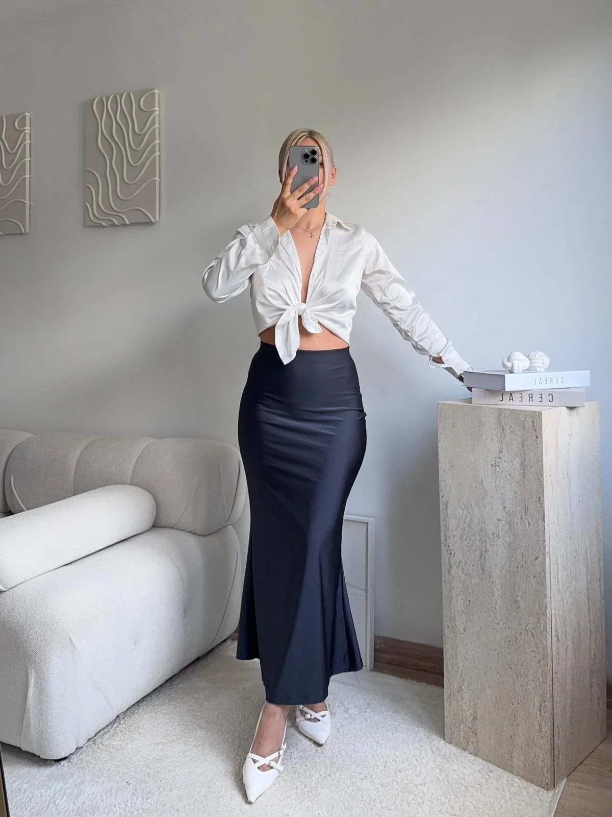 Yüksek Bel Saten Midi Etek- LACİVERT