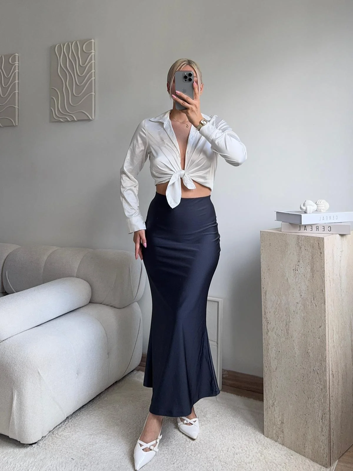 Yüksek Bel Saten Midi Etek- LACİVERT