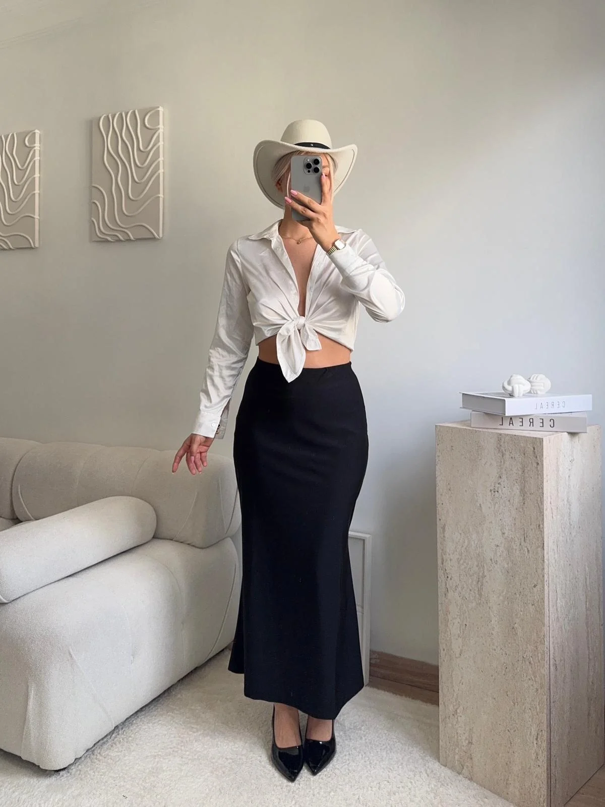 Yüksek Bel Saten Midi Etek - SİYAH