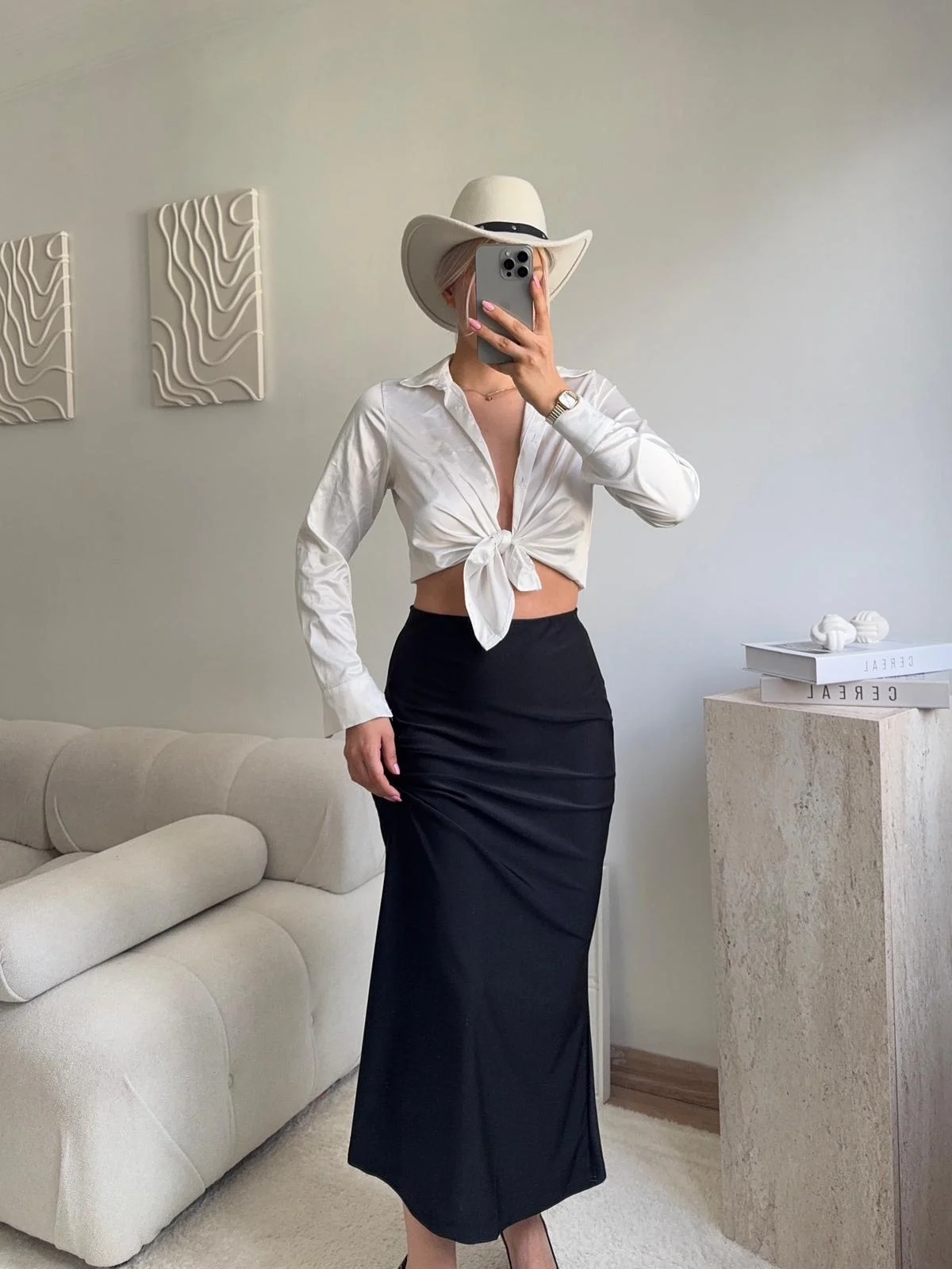 Yüksek Bel Saten Midi Etek - SİYAH