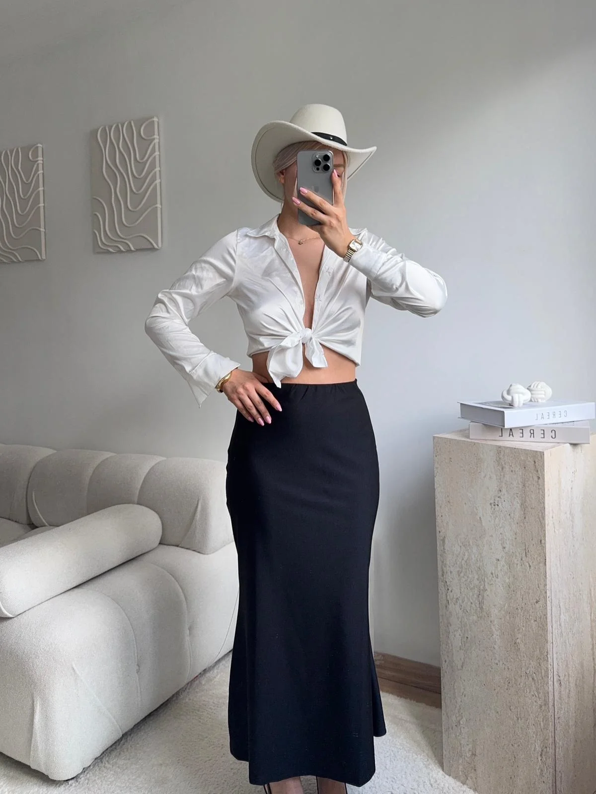 Yüksek Bel Saten Midi Etek - SİYAH