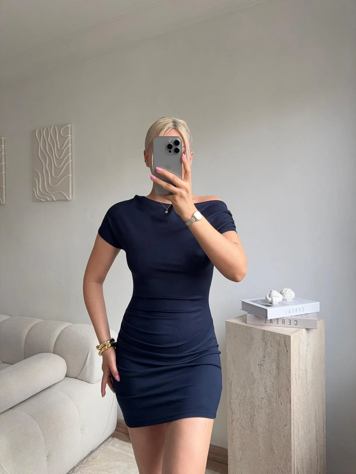 Kayık Yaka Vücuda Oturan Mini Elbise - LACİVERT