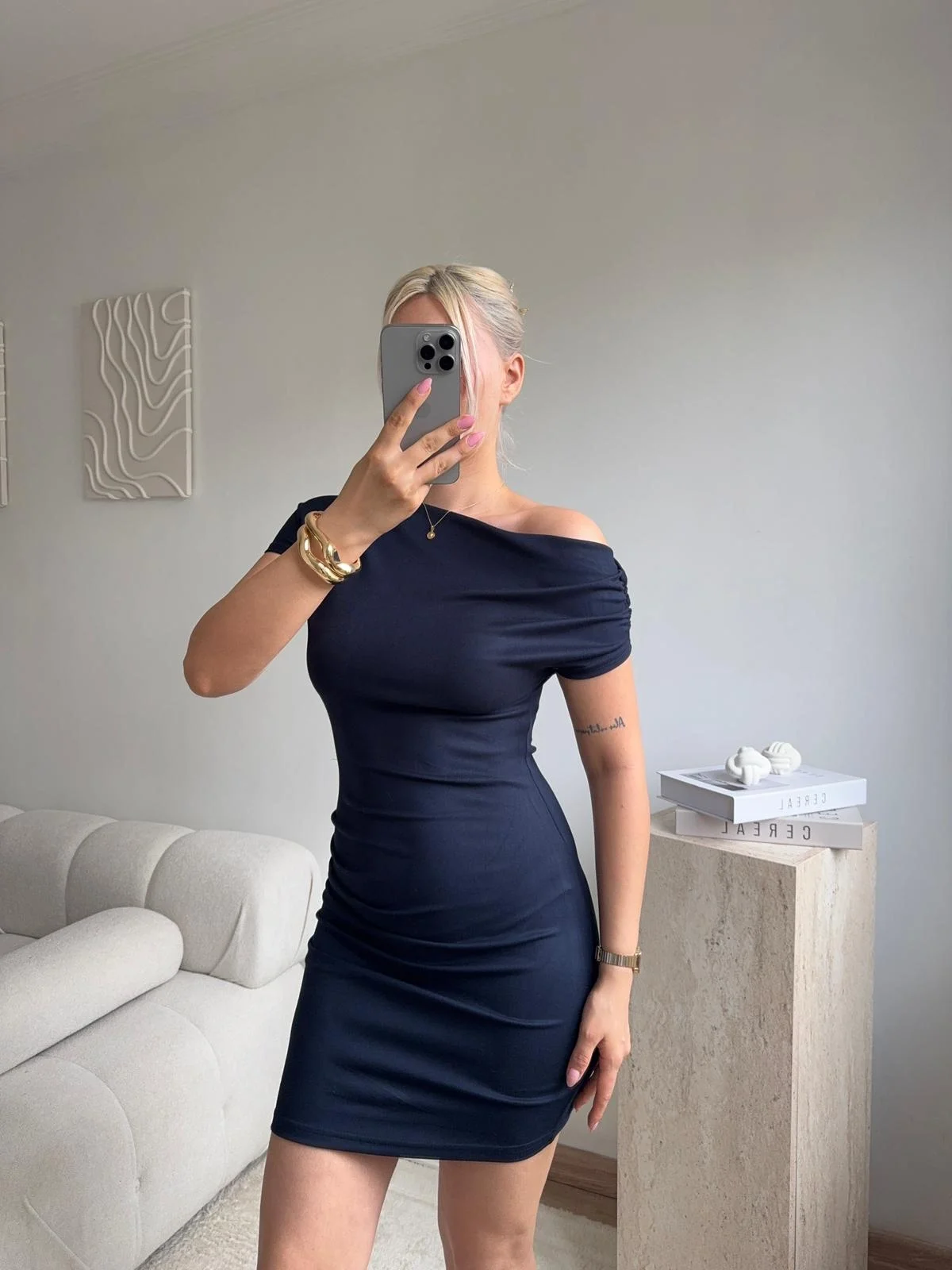 Kayık Yaka Vücuda Oturan Mini Elbise - LACİVERT