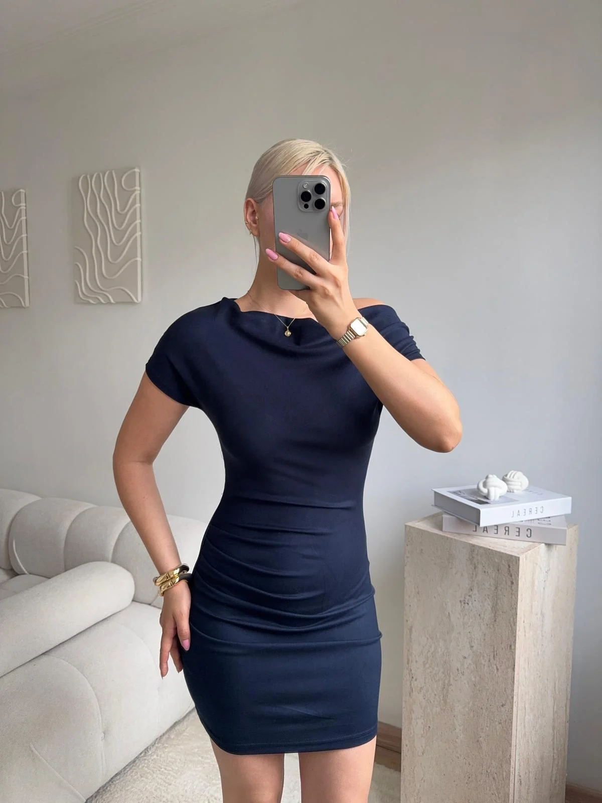 Kayık Yaka Vücuda Oturan Mini Elbise - LACİVERT