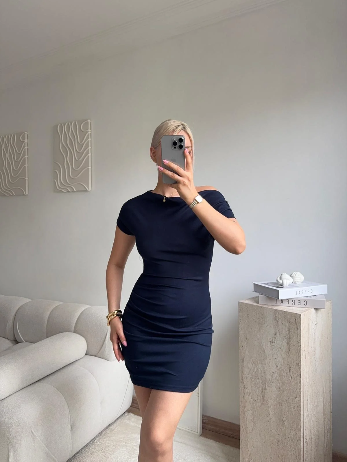 Kayık Yaka Vücuda Oturan Mini Elbise - LACİVERT