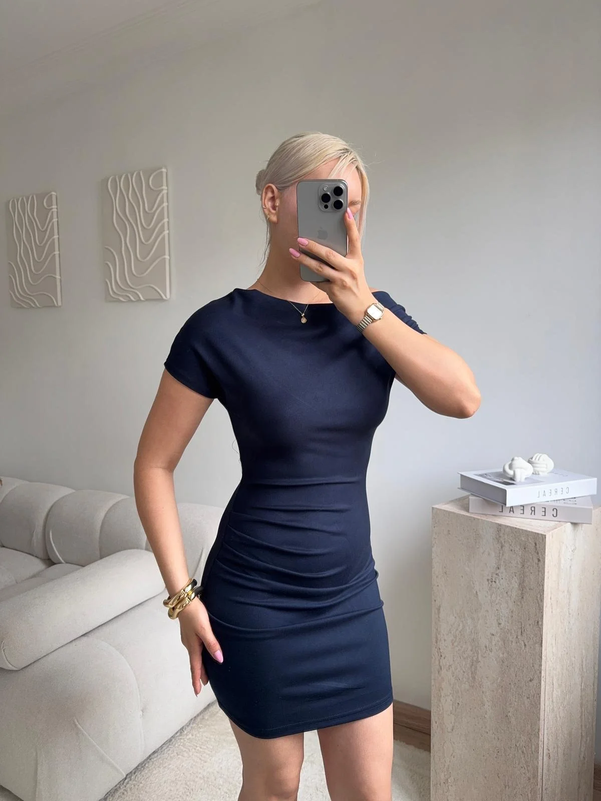 Kayık Yaka Vücuda Oturan Mini Elbise - LACİVERT