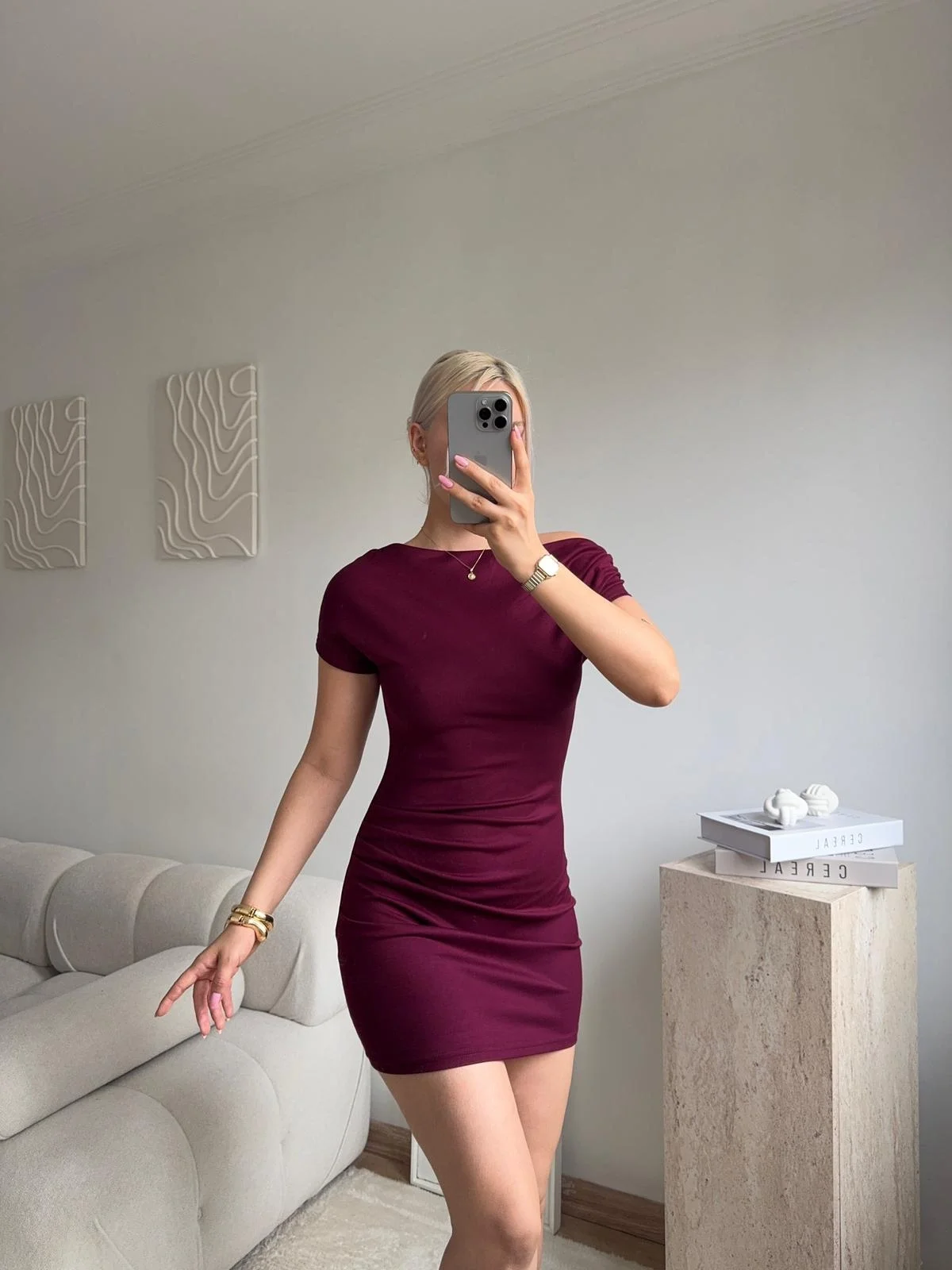Kayık Yaka Vücuda Oturan Mini Elbise- BORDO