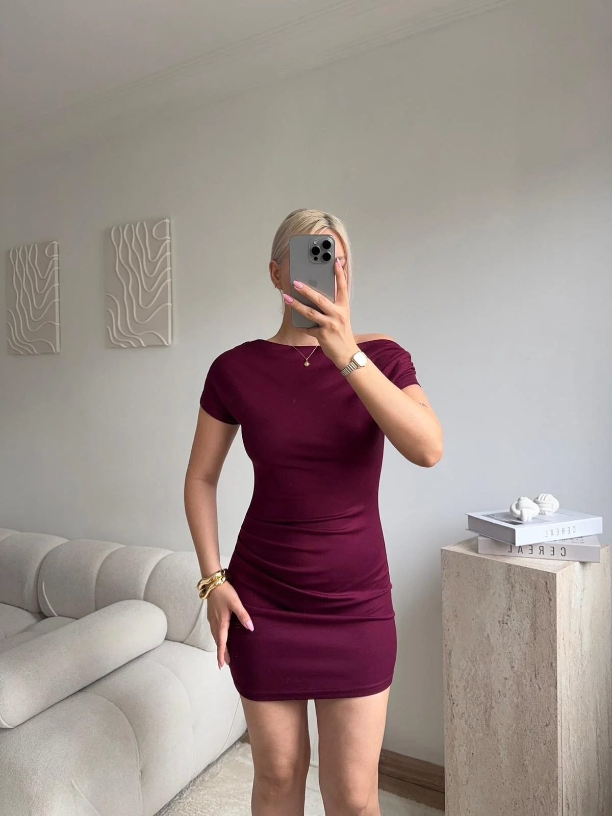 Kayık Yaka Vücuda Oturan Mini Elbise- BORDO