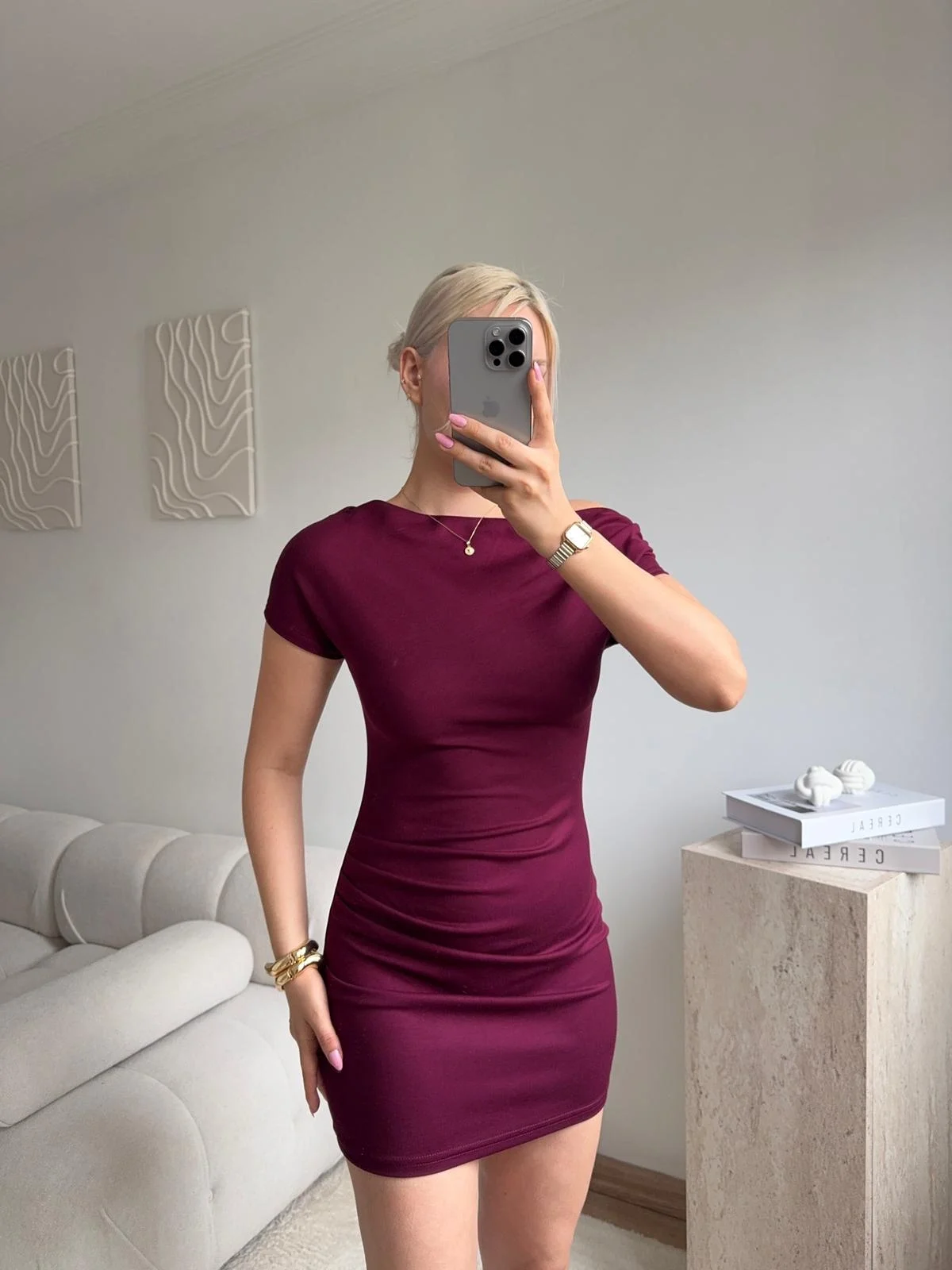 Kayık Yaka Vücuda Oturan Mini Elbise- BORDO