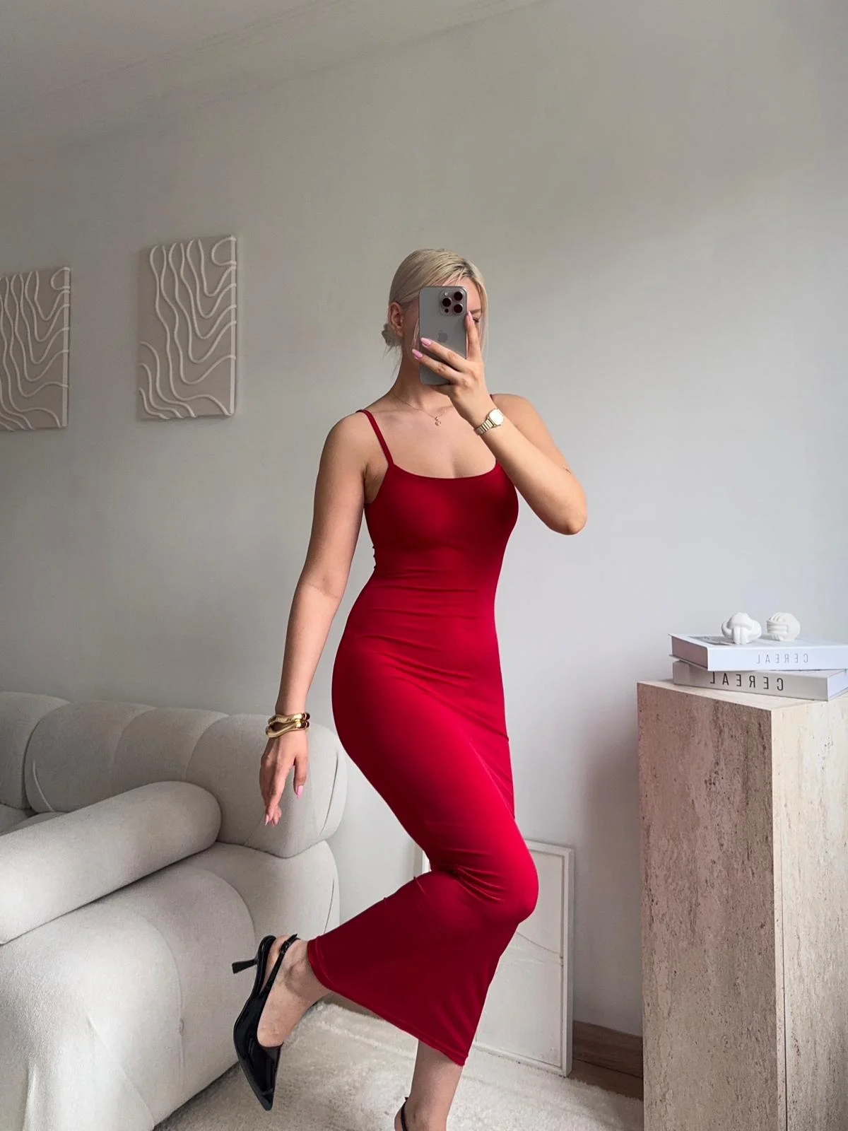 Kırmızı Askılı Maxi Elbise