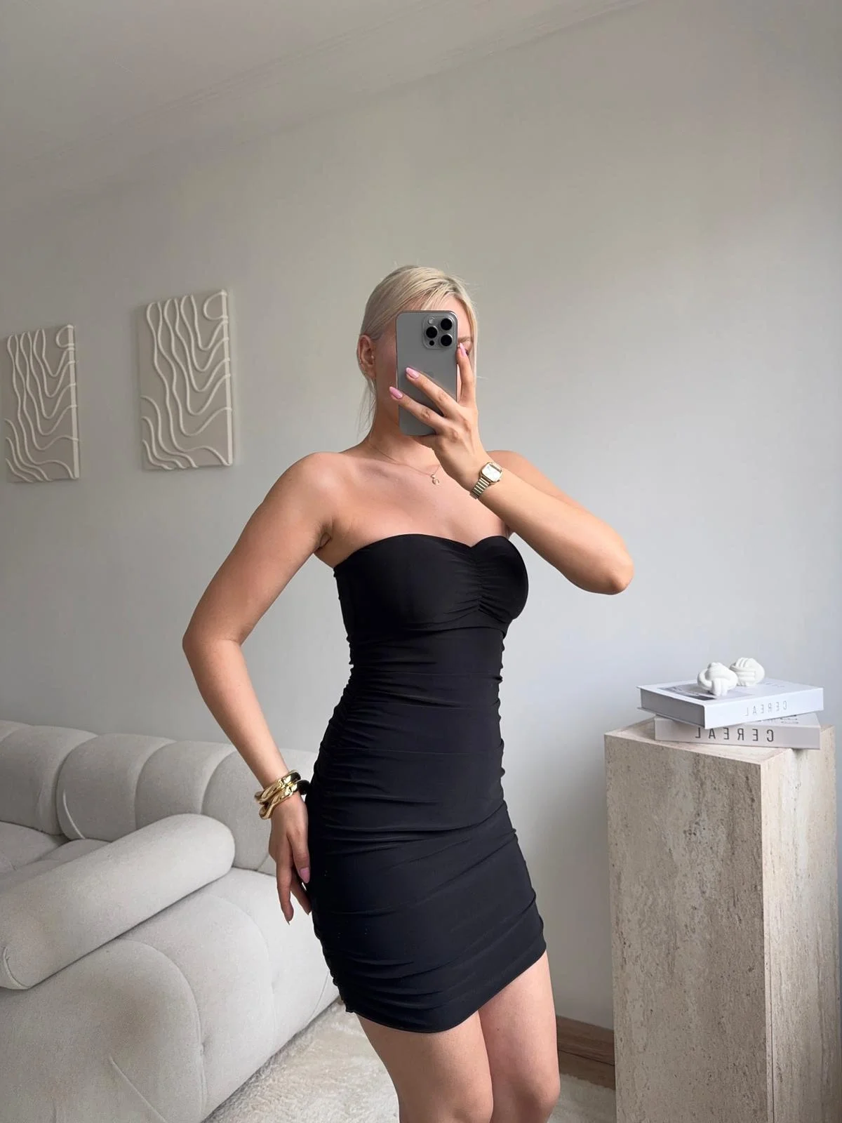 Straplez Drapeli Mini Elbise - SİYAH