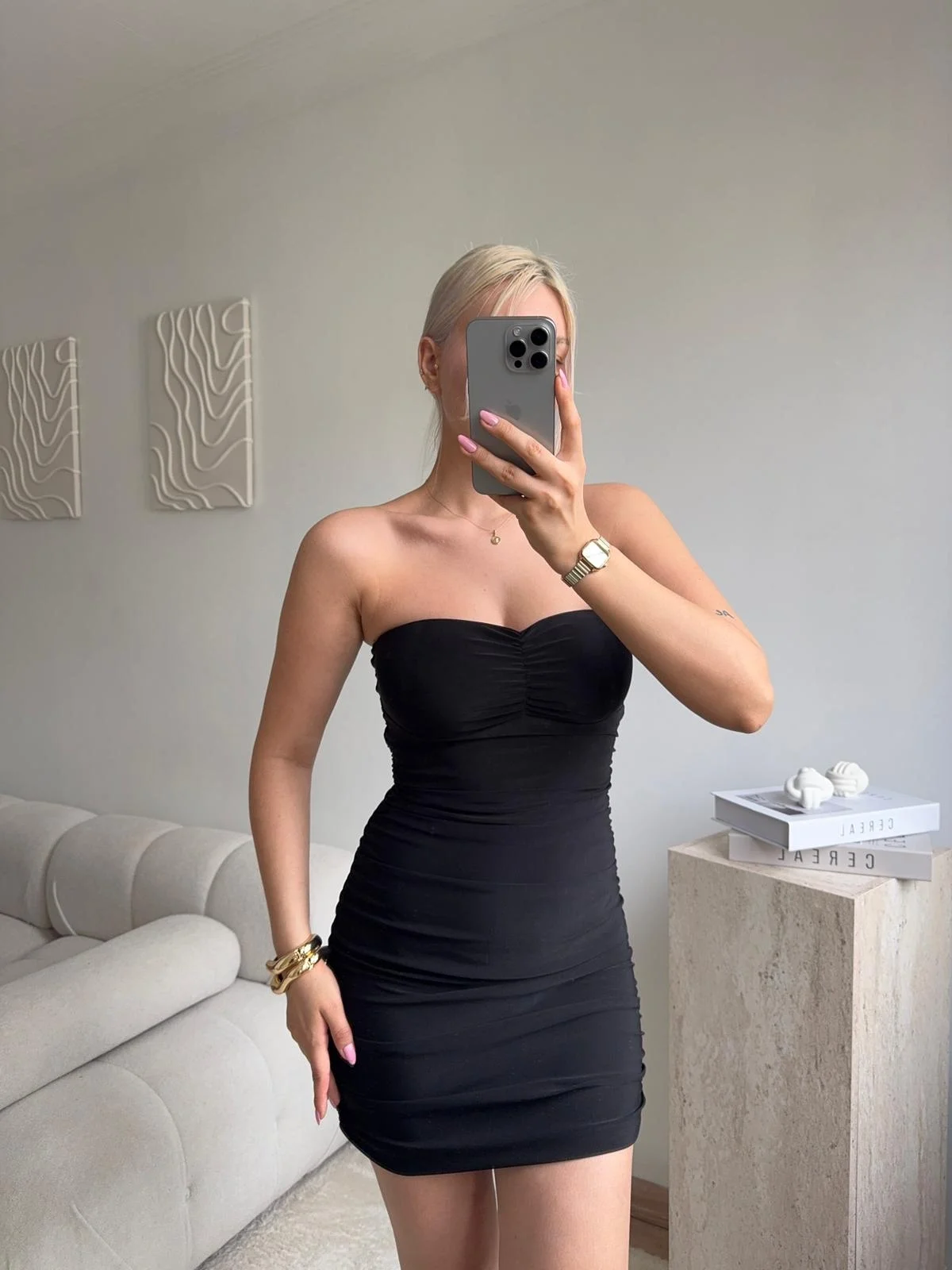 Straplez Drapeli Mini Elbise - SİYAH