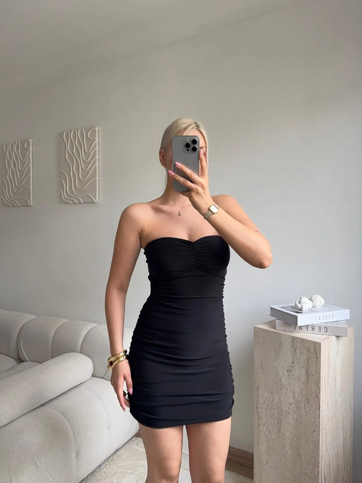 Straplez Drapeli Mini Elbise - SİYAH